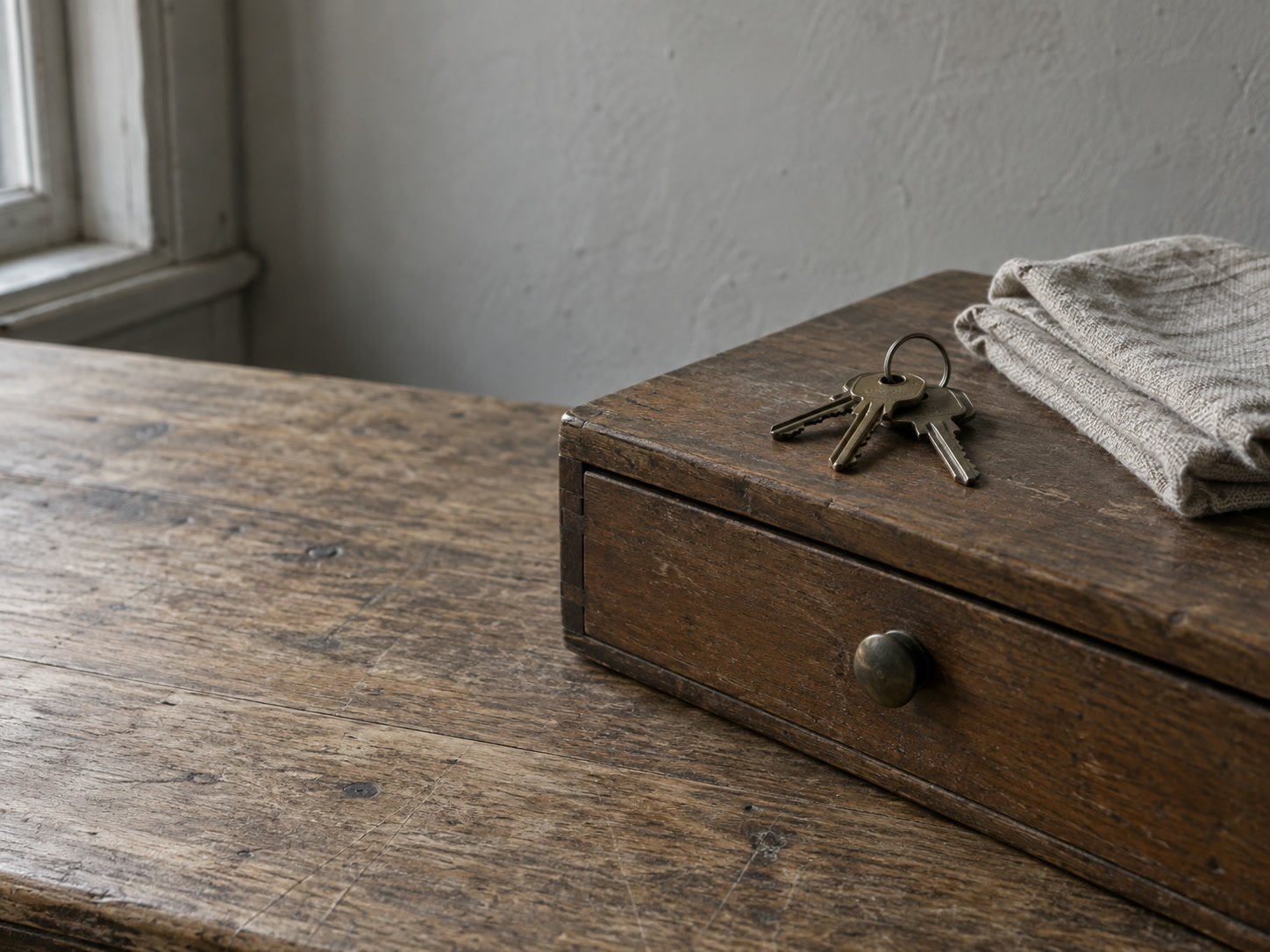A ring of shop keys resting on a closed wooden cash drawer beside a folded cloth on a counter.