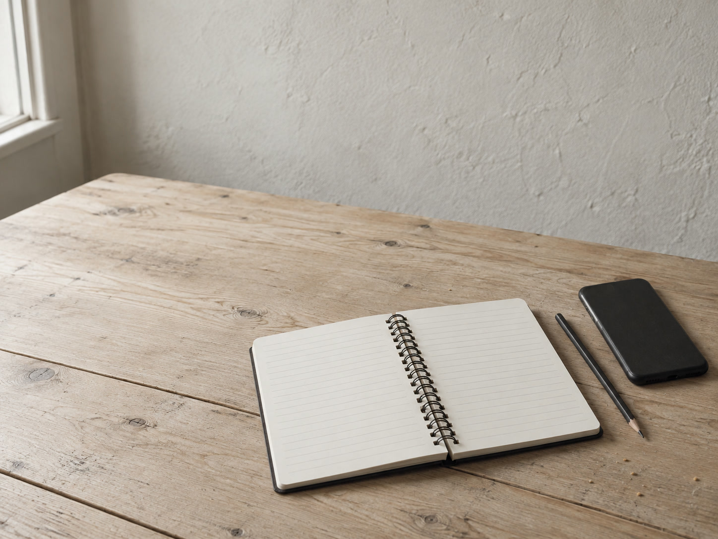 A spiral notebook with blank lined pages, a pencil and a phone lying face down on a kitchen table.