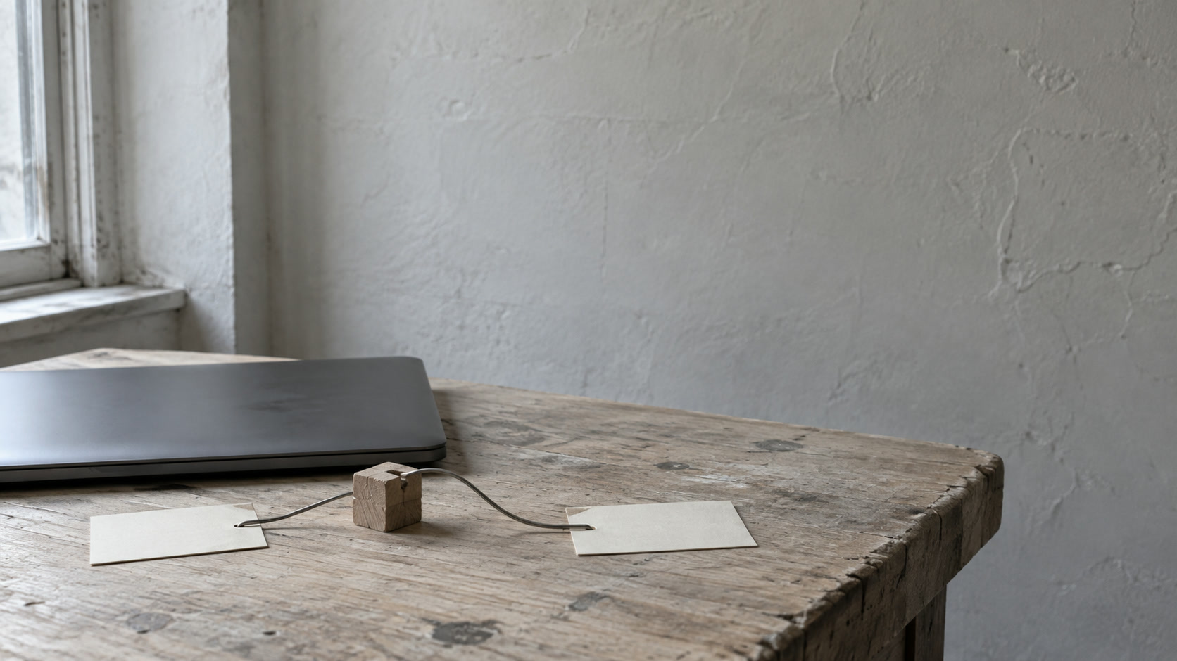 A closed laptop on a wooden desk with two blank cards joined by a thread that passes through a small wooden block.