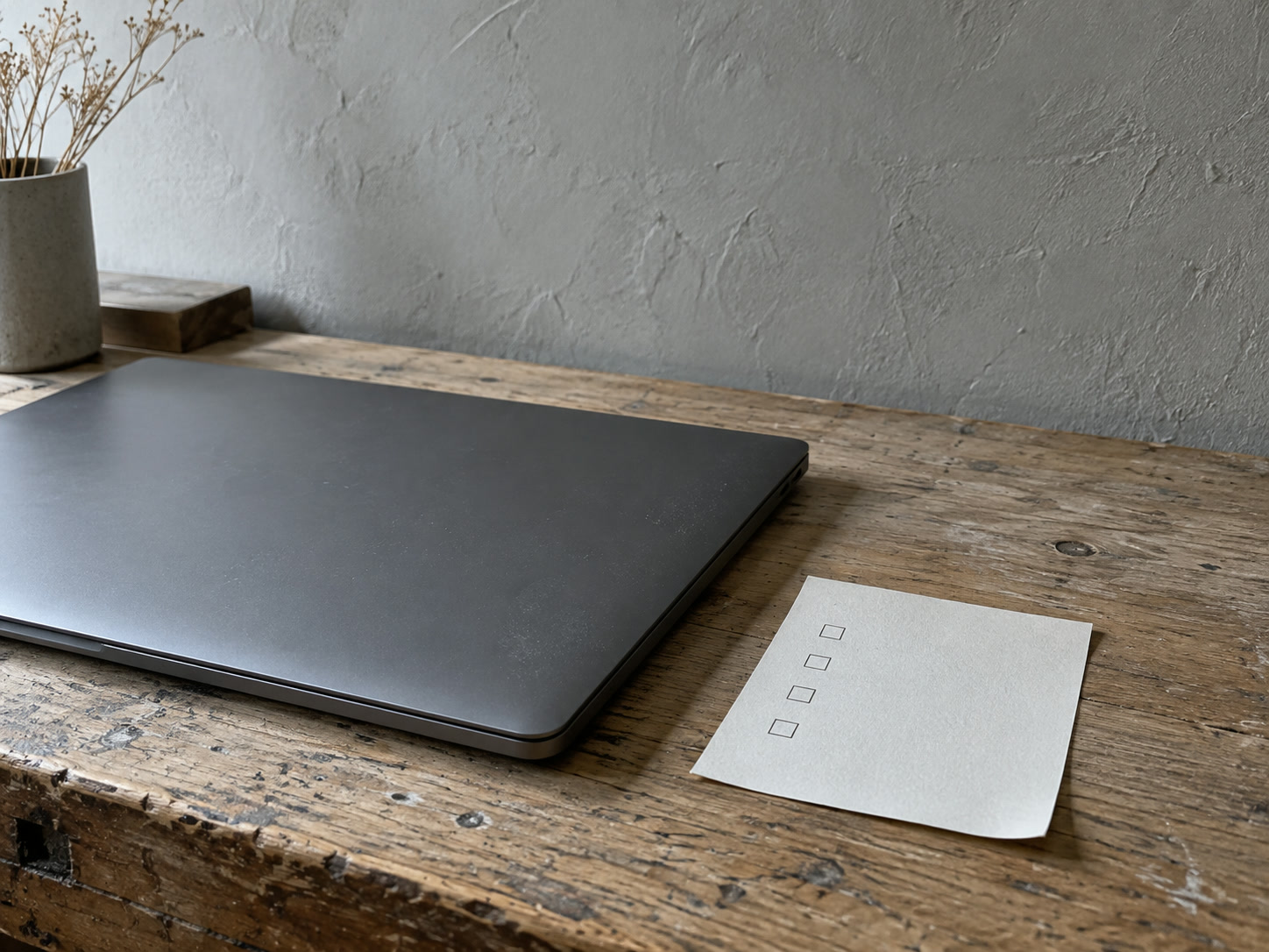 A closed laptop on a wooden desk beside a sheet with a short column of empty checkboxes.