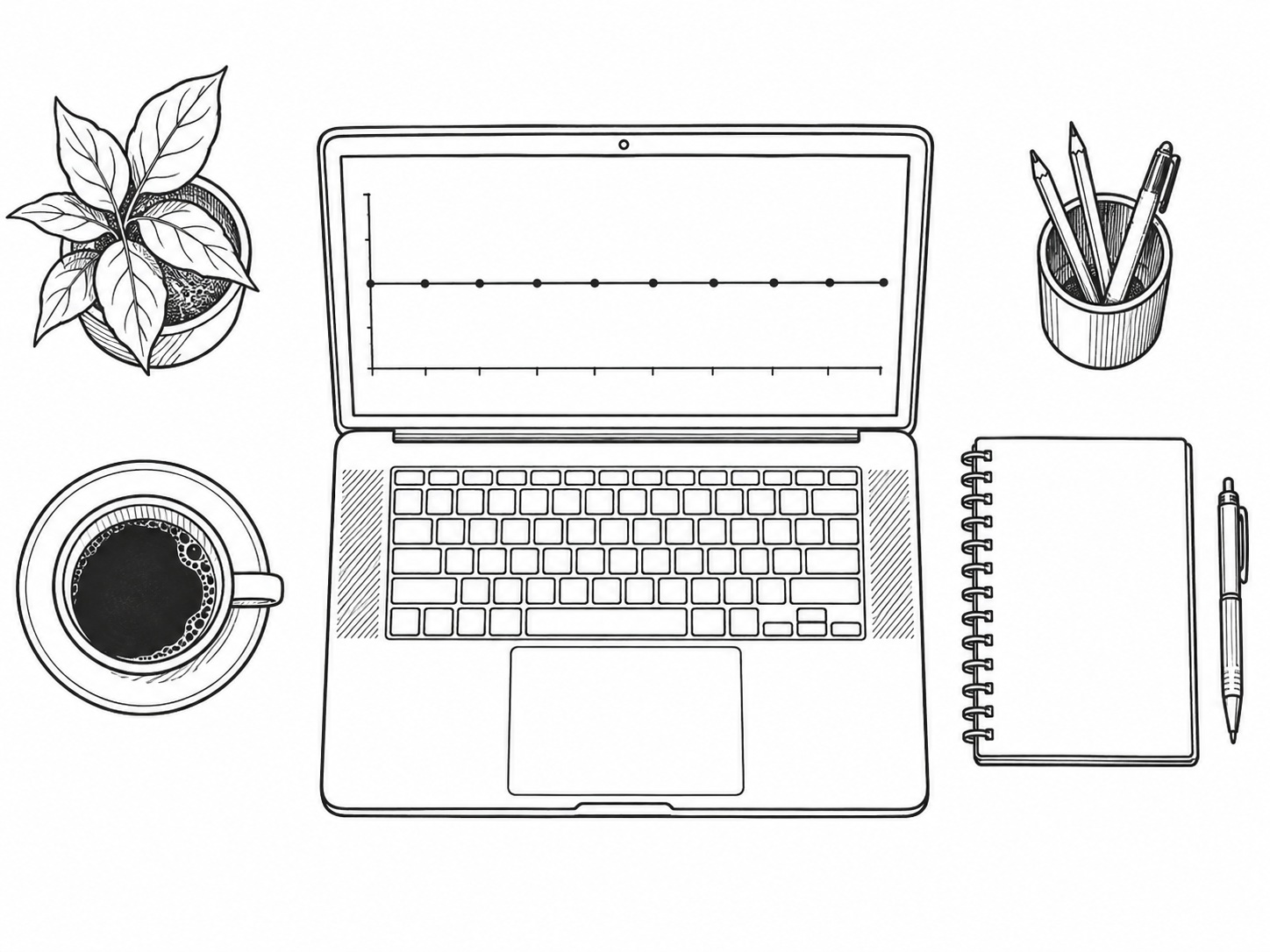 A small business owner's desk with a laptop showing a steady line graph of website visits, a coffee cup and a notepad beside it.