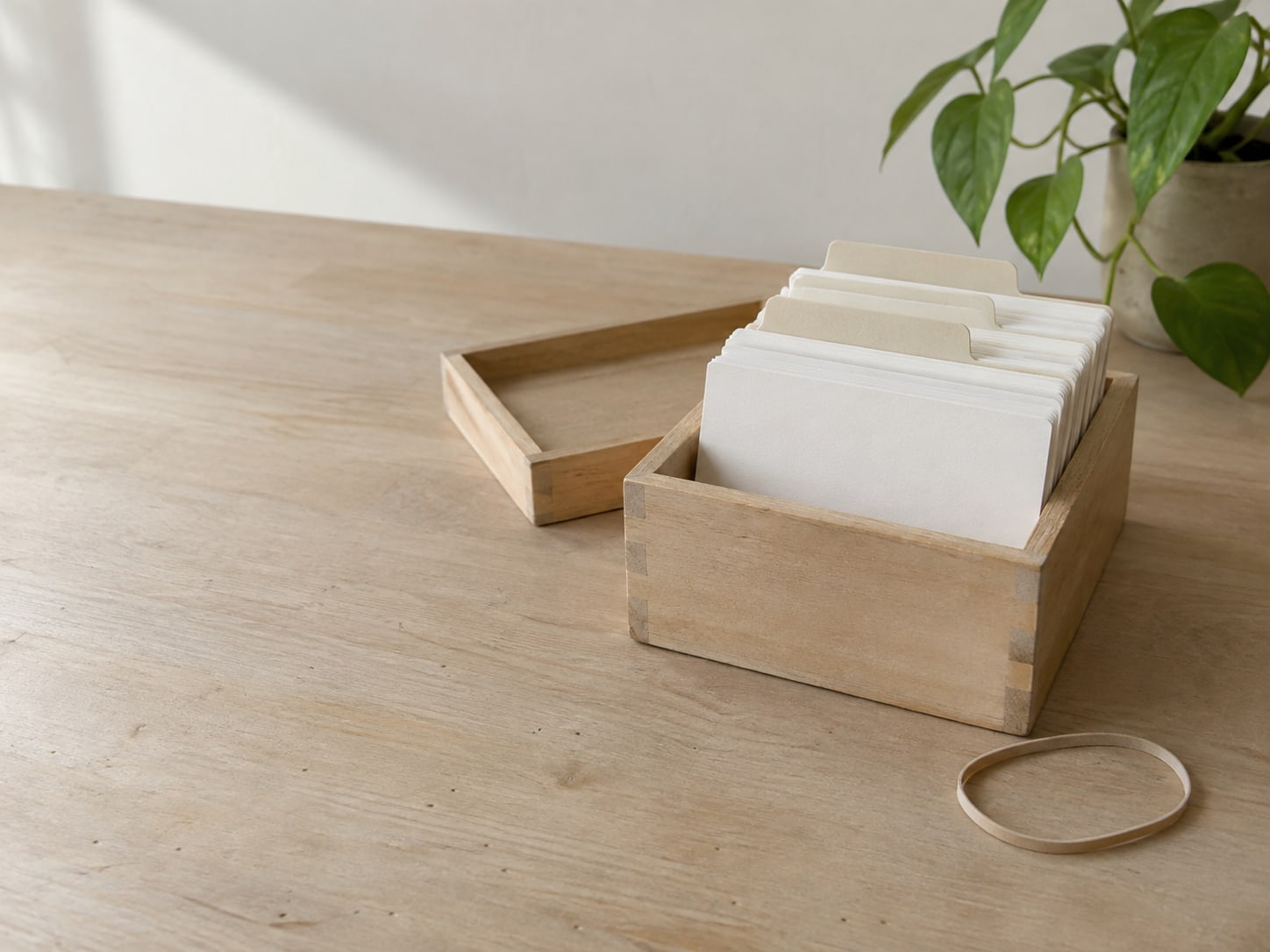 A tidy wooden box of index cards with blank dividers and a rubber band beside a small plant.
