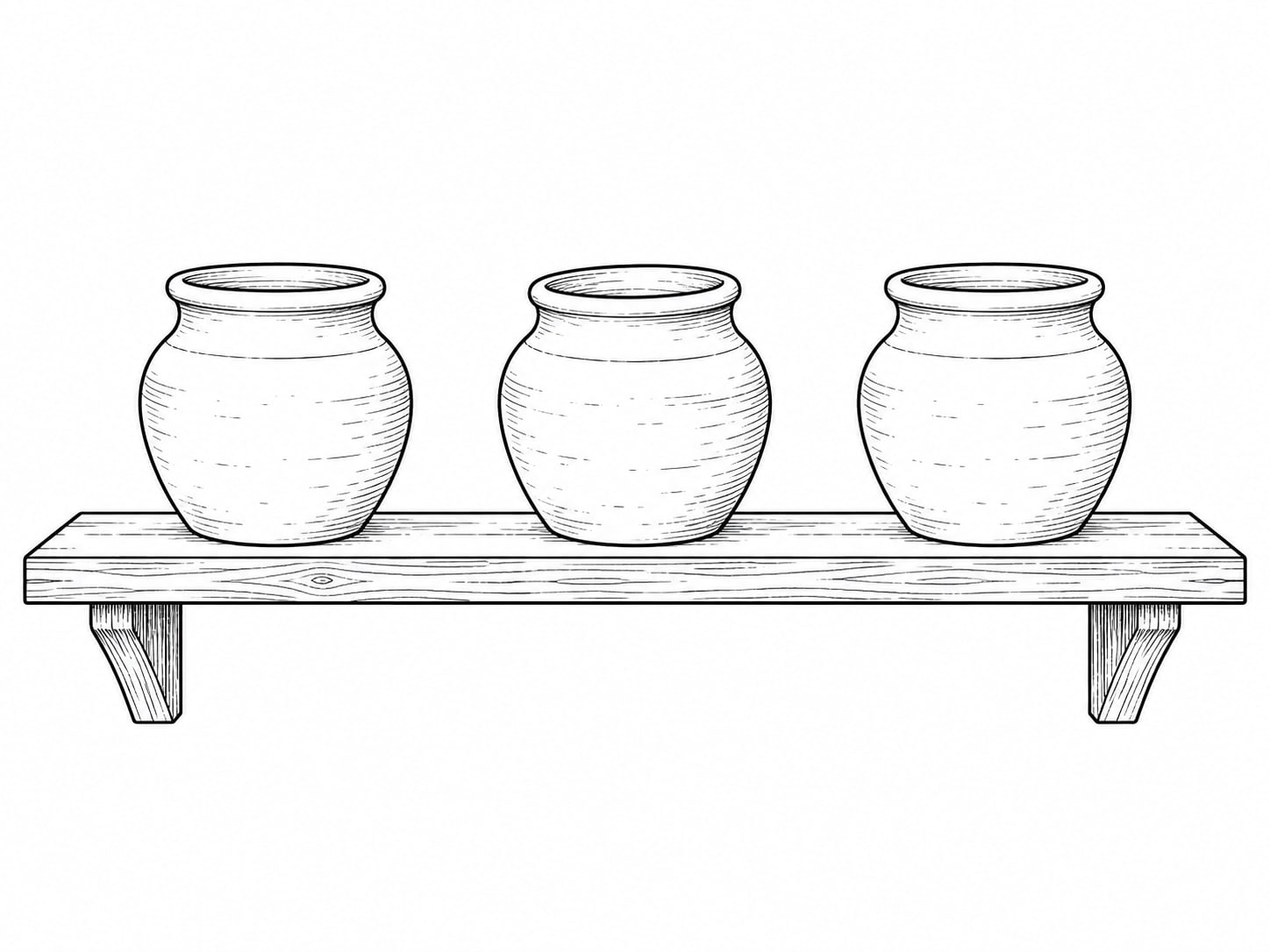 A wooden shelf holding three identical clay pots, one turned slightly toward the light.