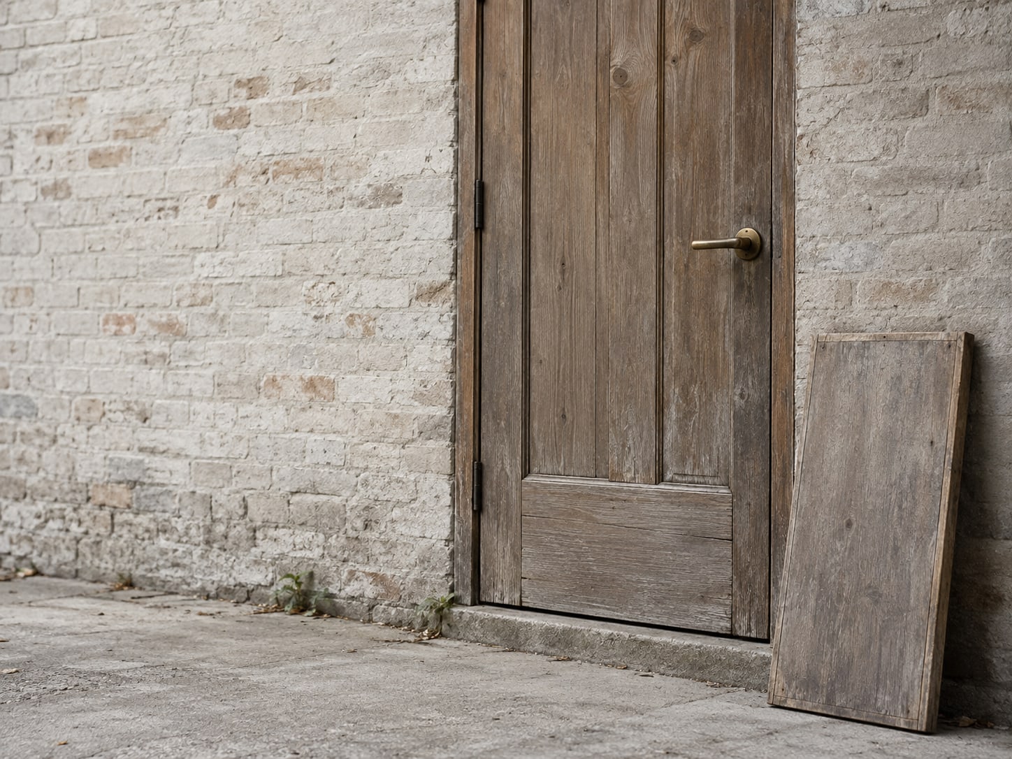 A weathered door with a brass handle beside a closed wooden signboard leaning against the brick wall.