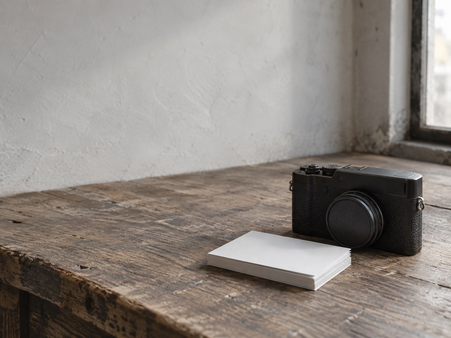 A closed camera and a small stack of blank index cards on a weathered wooden shop counter.
