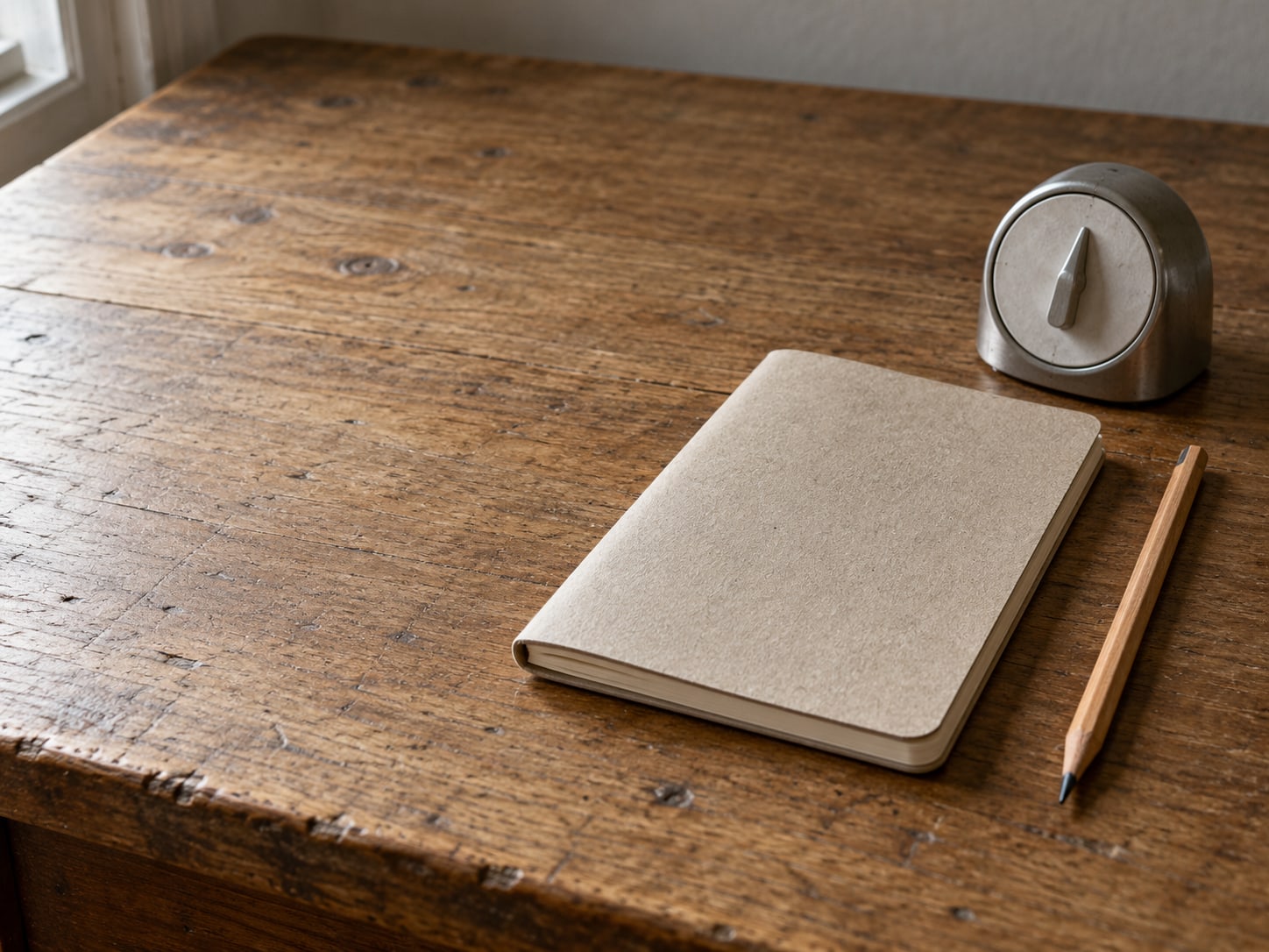 A closed notebook, a sharpened pencil and a small kitchen timer on a clean desk.