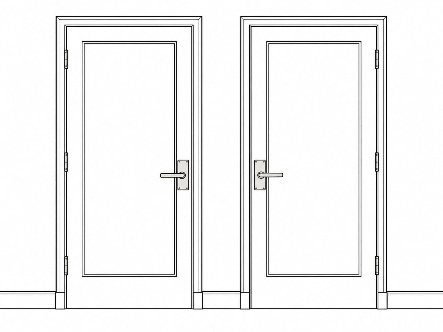 Two plain closed doors side by side in a shared hallway, each with a blank brass plate.