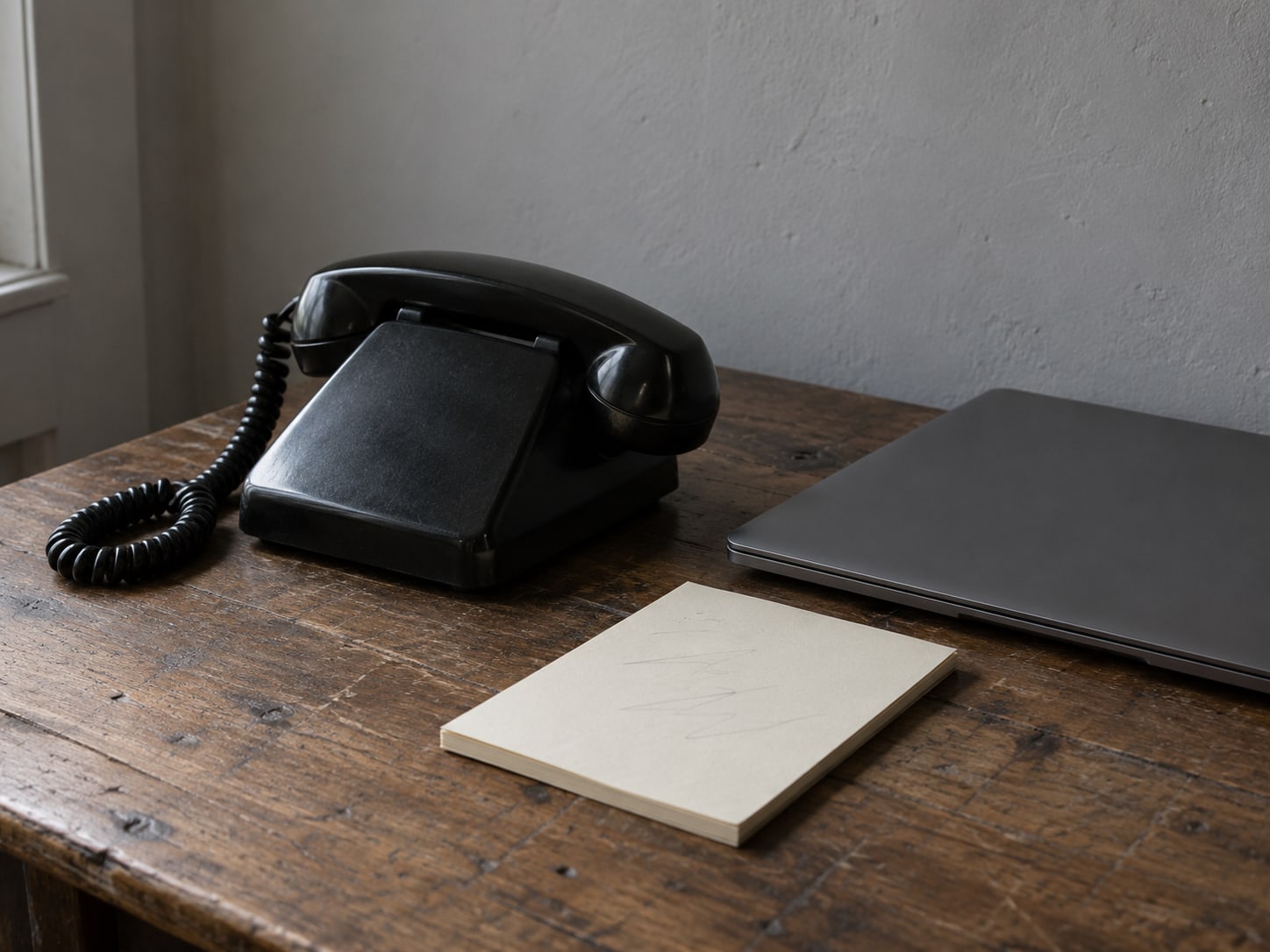 Un teléfono negro de escritorio con cable junto a una laptop cerrada y una libreta pequeña con marcas tenues de lápiz sobre un escritorio de madera.