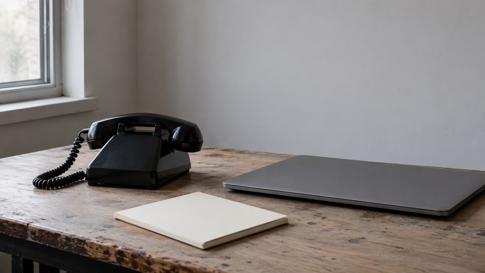 A black corded desk phone beside a closed laptop and a blank notepad on a worn wooden desk, photographed in soft window light.