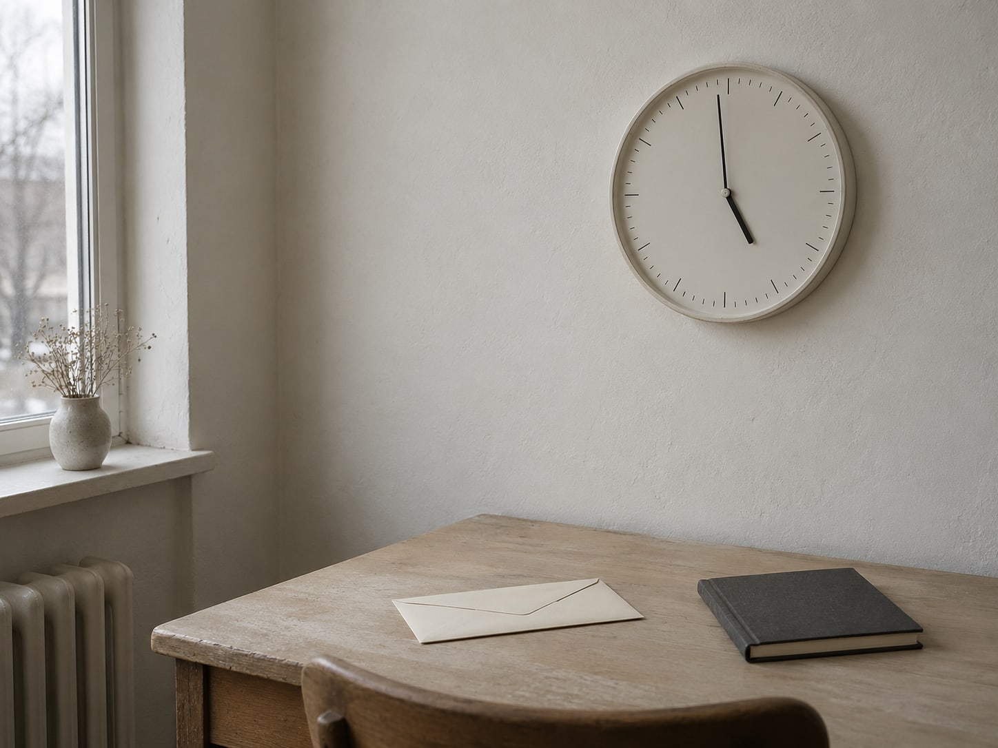 Un reloj de pared detenido cerca de las cinco sobre un escritorio pequeño con un sobre sin abrir y una agenda de citas cerrada.