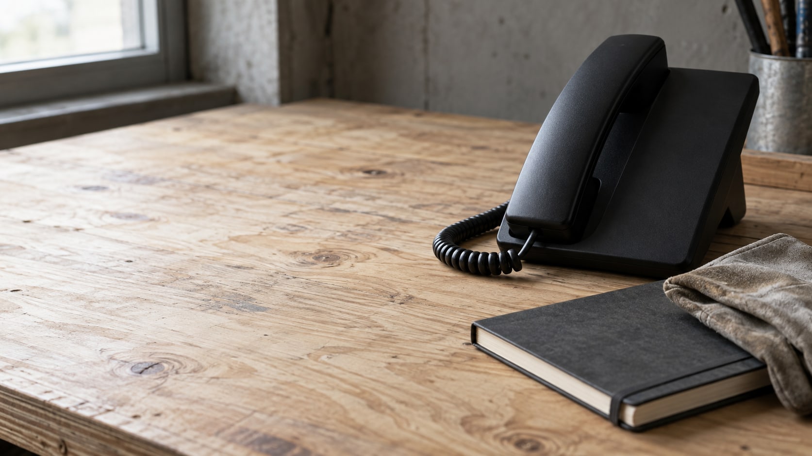 A silent black desk phone beside a closed field notebook and a folded work glove on a plywood workbench in soft morning light.