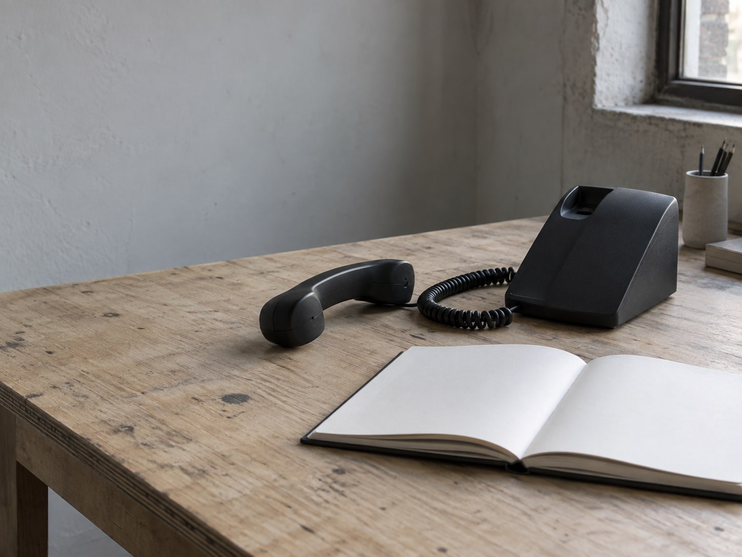 A silent desk phone with its handset resting beside a coiled cord and an open, blank appointment book on a workbench.
