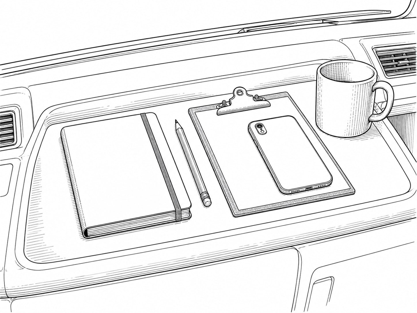 A closed notebook, a pencil and a switched-off mobile phone lying face down on a clipboard beside a coffee mug on a truck dashboard.