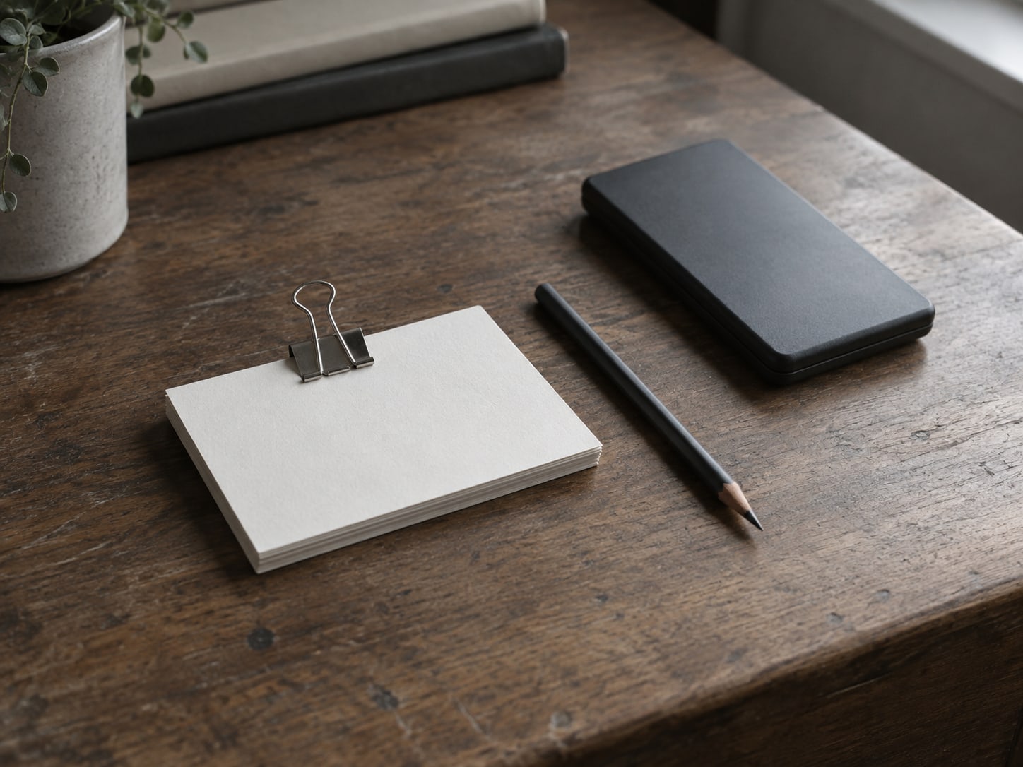 A small stack of blank index cards held with a binder clip beside a pencil and a closed calculator on a wooden office desk.