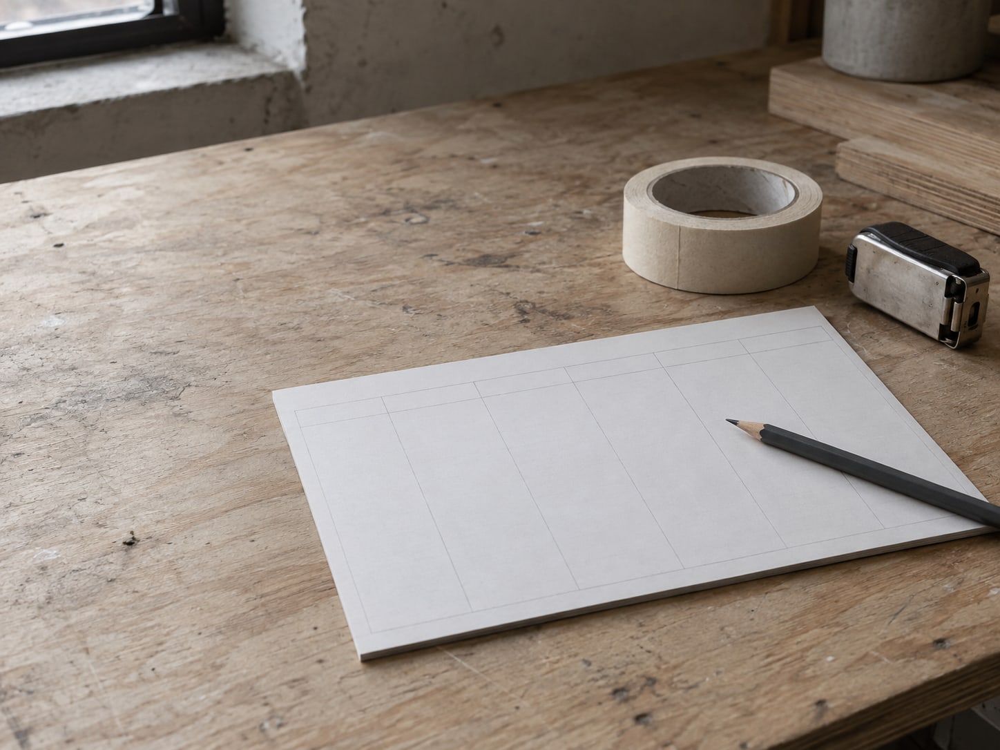 A roll of masking tape, a pencil and a blank weekly planner page lying on a plywood workbench next to a folded tape measure.