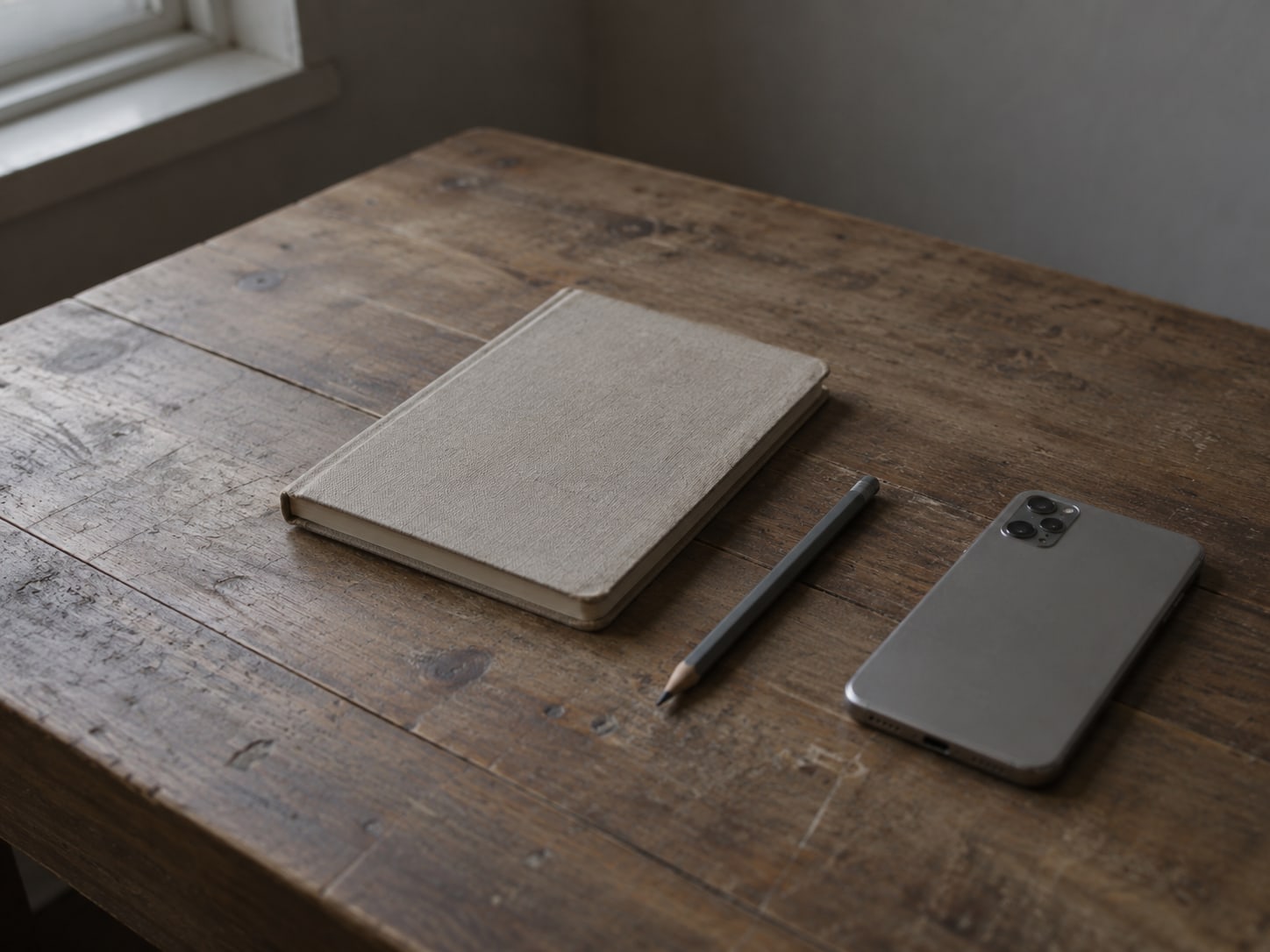 A closed notebook and a pencil laid on a worn wooden desk beside a phone placed face down.