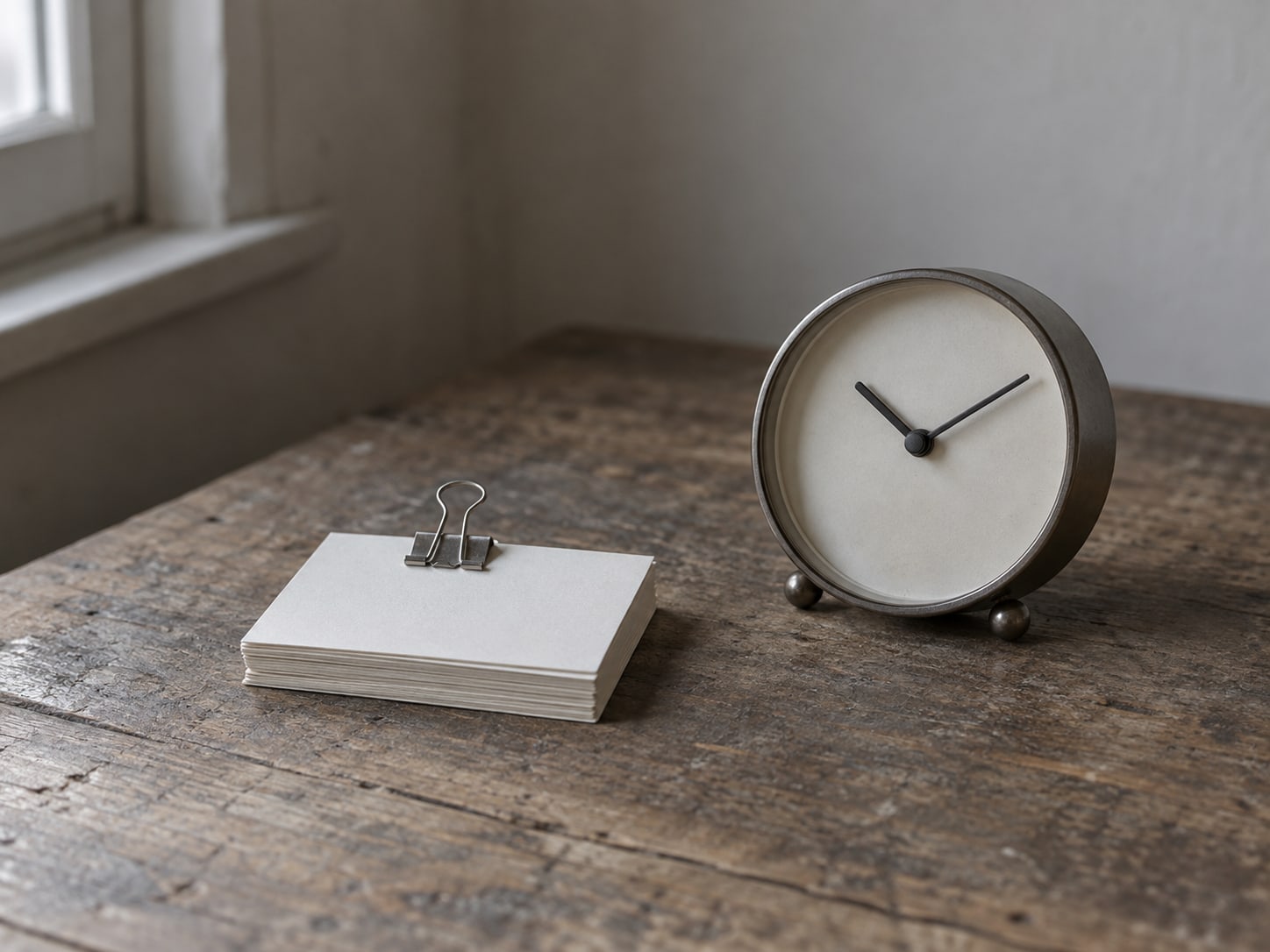 A small stack of blank index cards held by a binder clip next to a desk clock on a wooden surface.