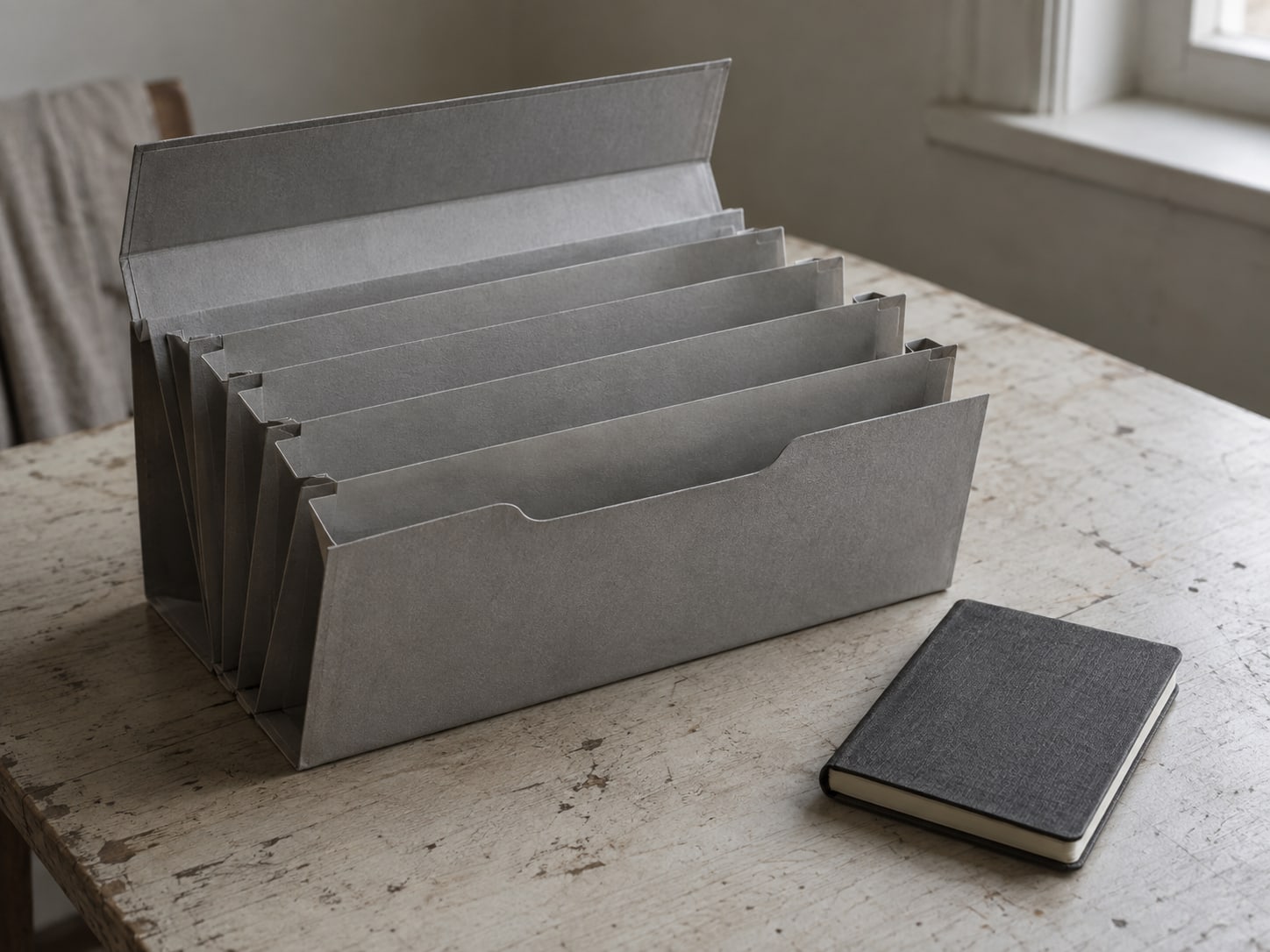 An open accordion file of blank folders and a closed pocket diary on a plain table.