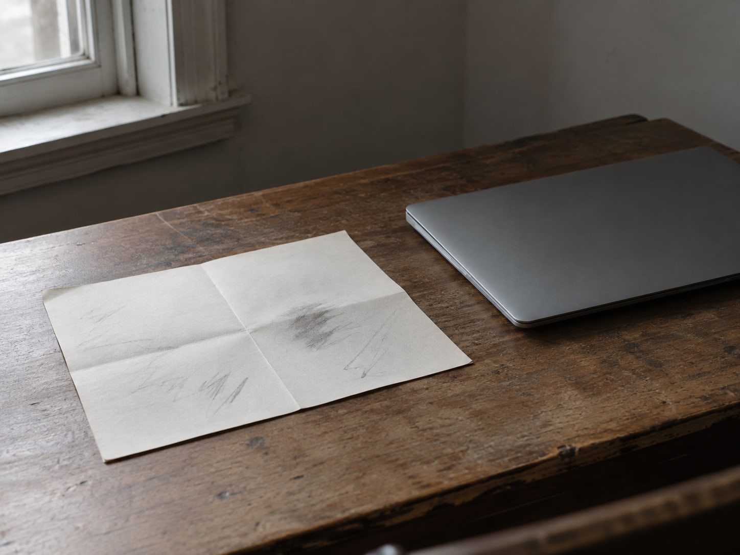 A folded sheet of blank paper with faint unreadable pencil marks beside a closed laptop on a desk.