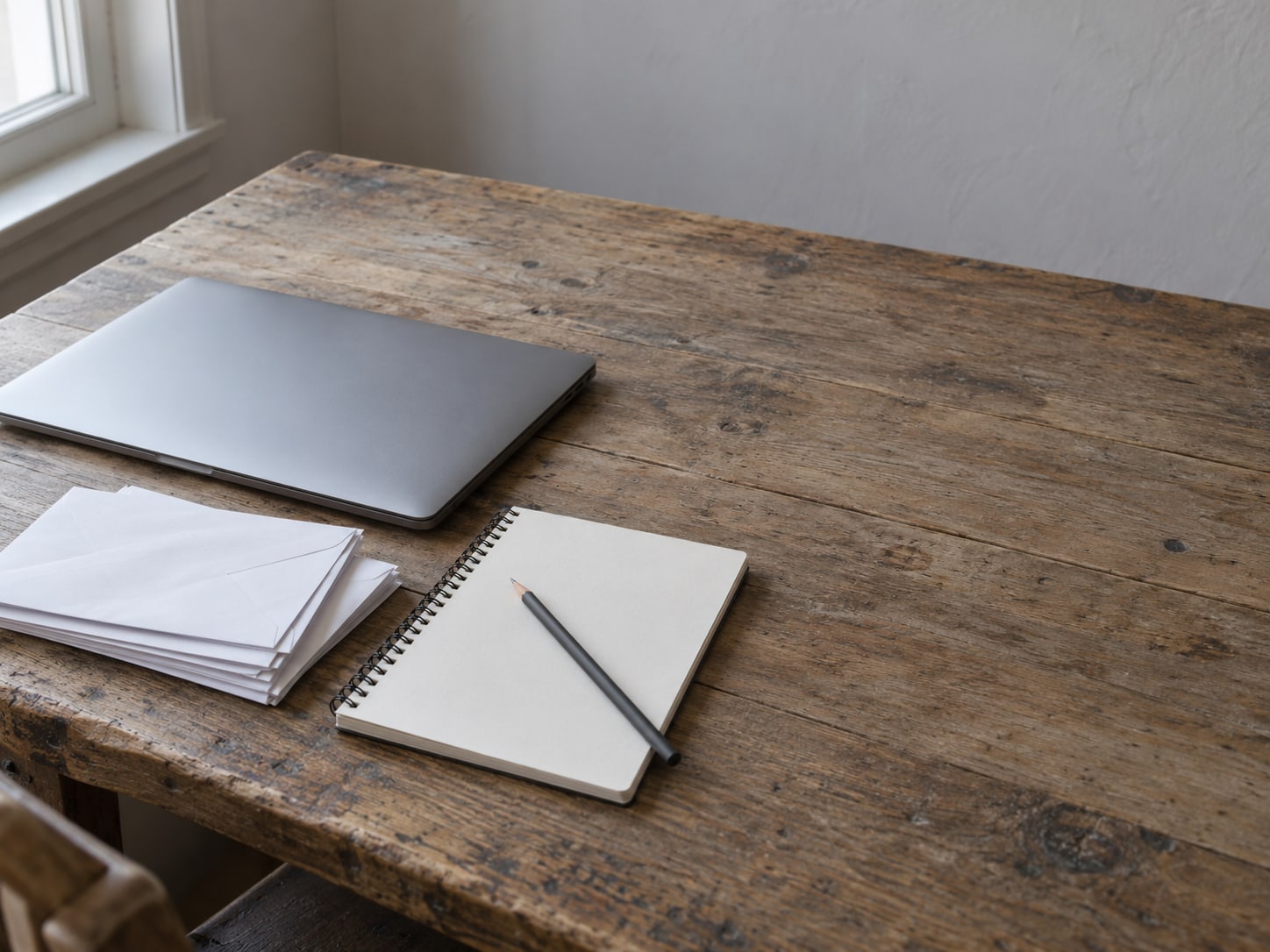 A closed laptop beside a stack of unopened envelopes on a worn wooden desk, with a pencil and a blank notepad on top.
