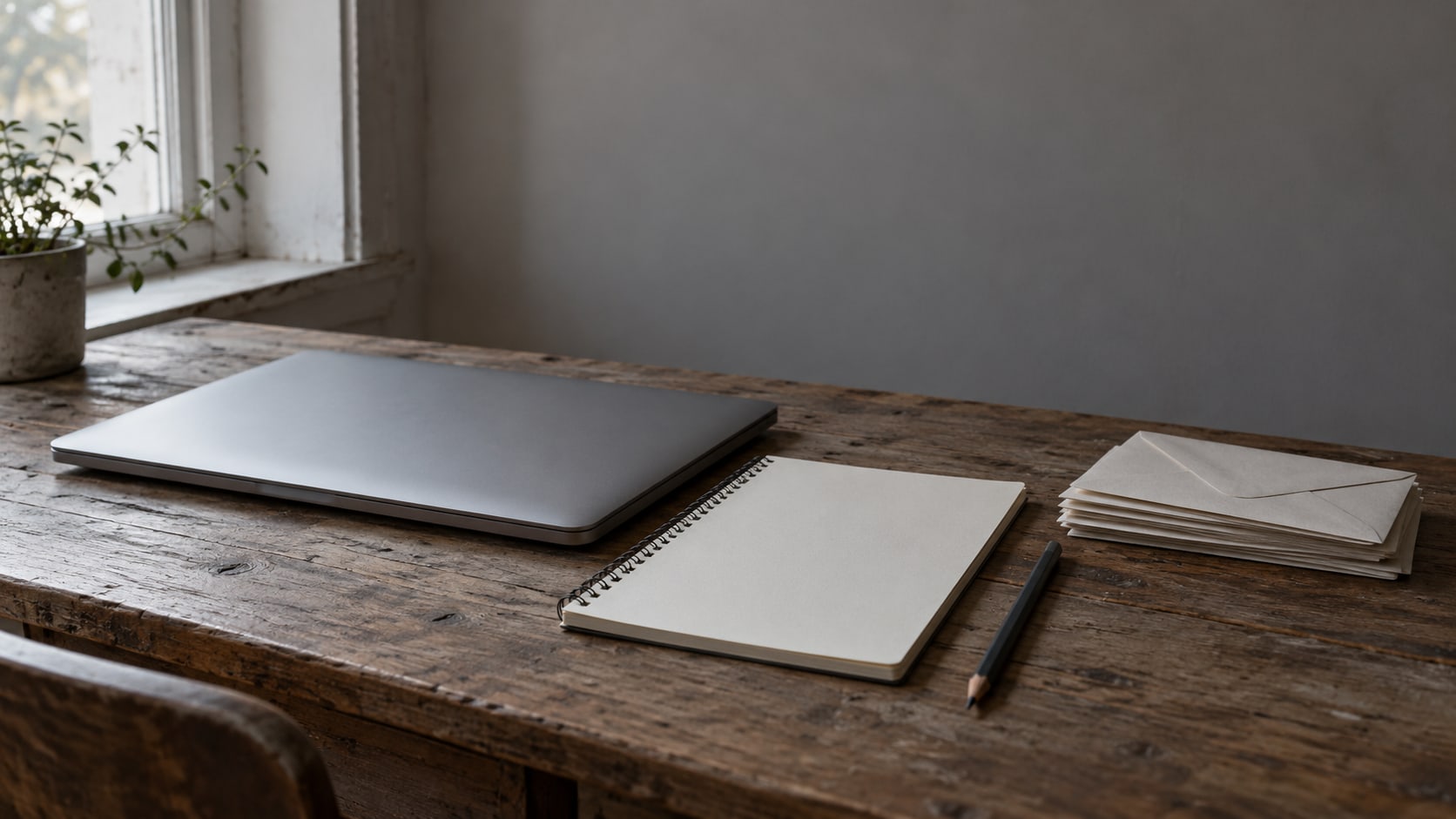 A closed laptop, a blank notepad and a pencil on a worn wooden desk beside a small stack of unopened envelopes.