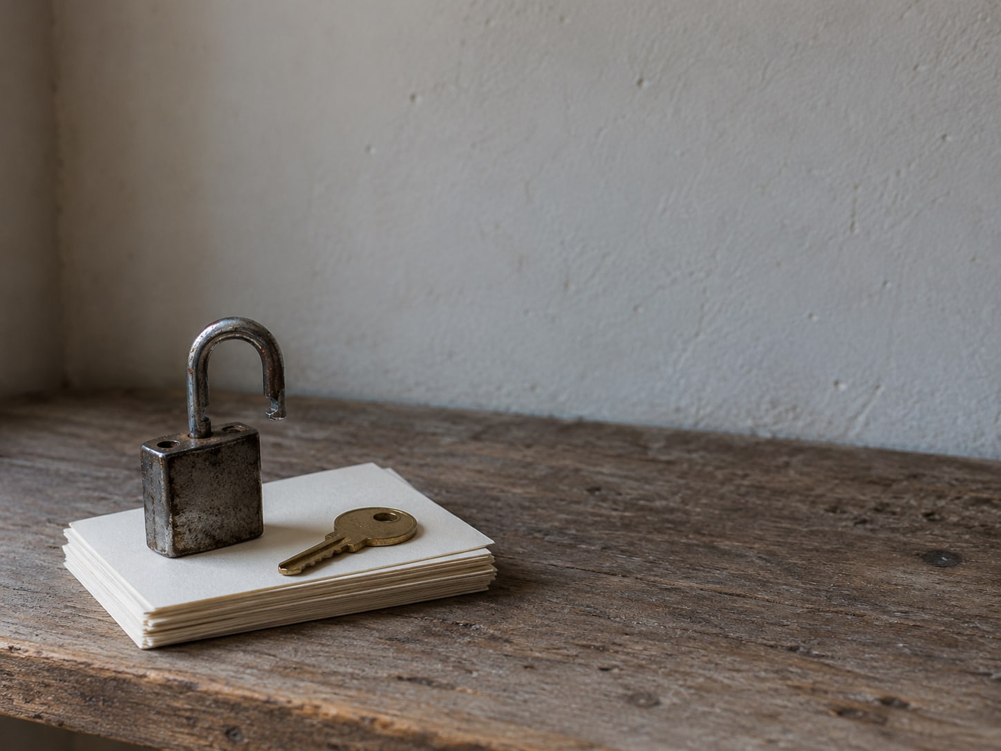 A padlock resting open on a stack of blank index cards beside a small brass key, on a wooden shelf.