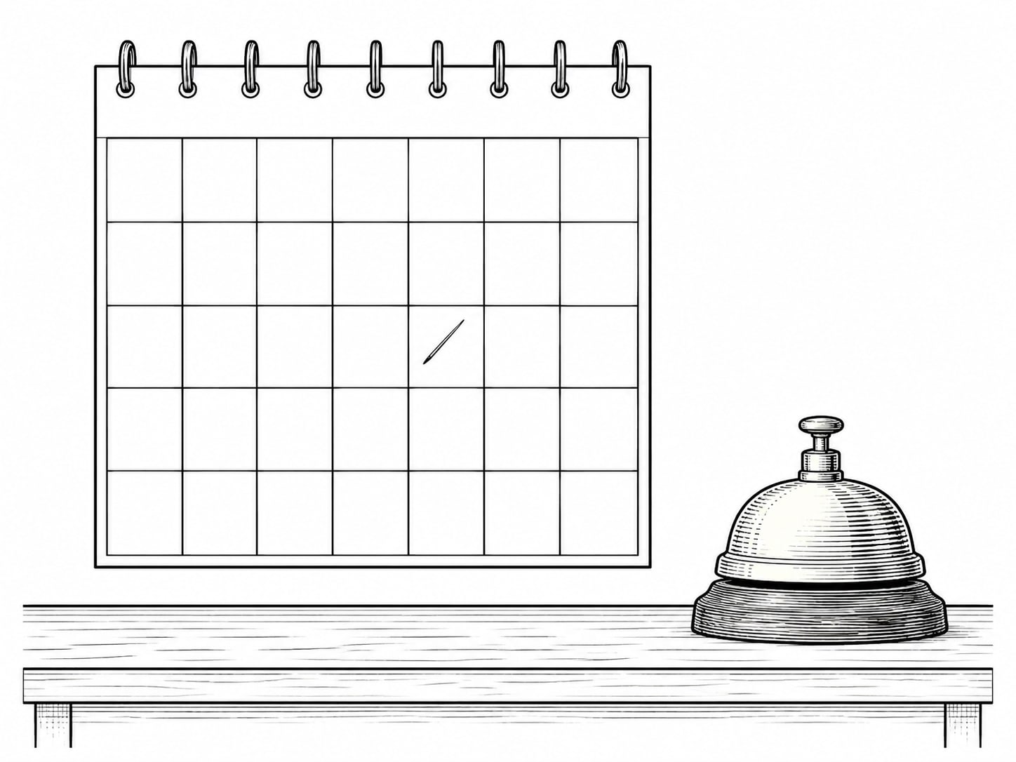 A wall calendar page left blank with a single pencil mark on one square, beside a small brass bell on a table.