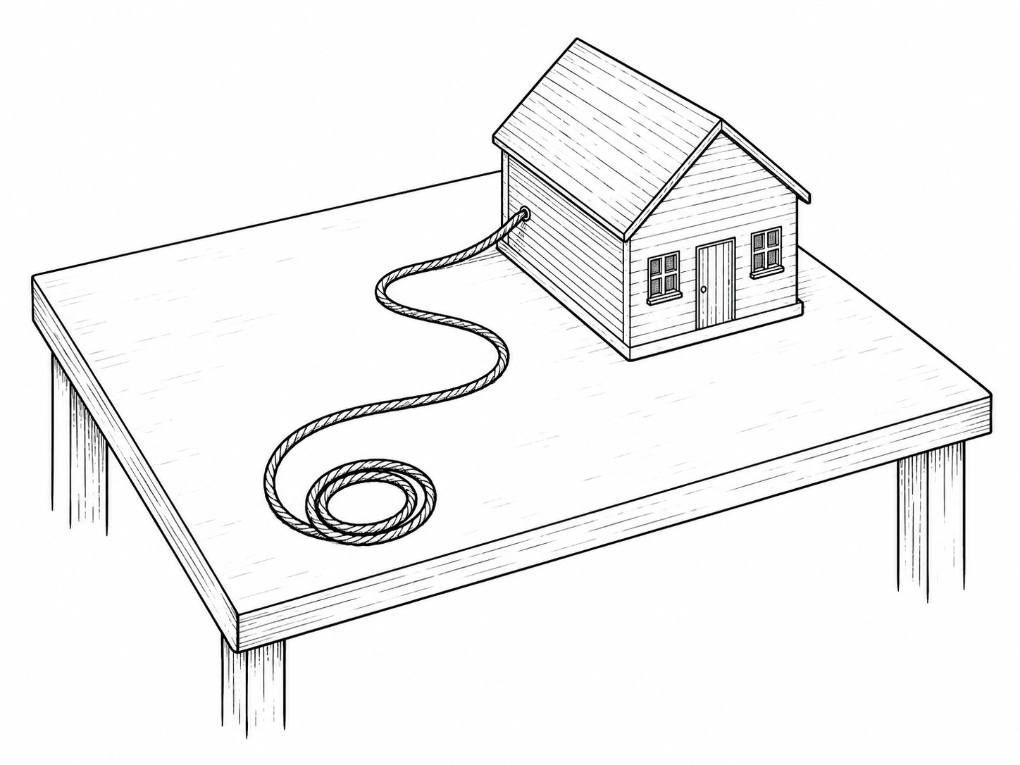 A small wooden model of a building on a table beside a coiled length of string laid out like a road that ends at the back wall.
