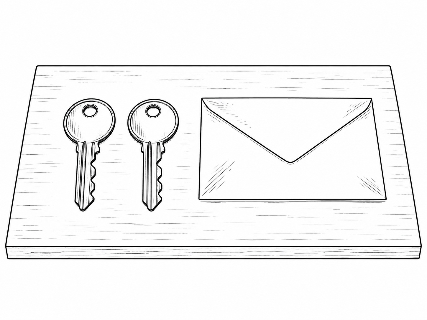 Two brass door keys side by side on a slate tabletop next to a closed paper envelope with no writing on it.