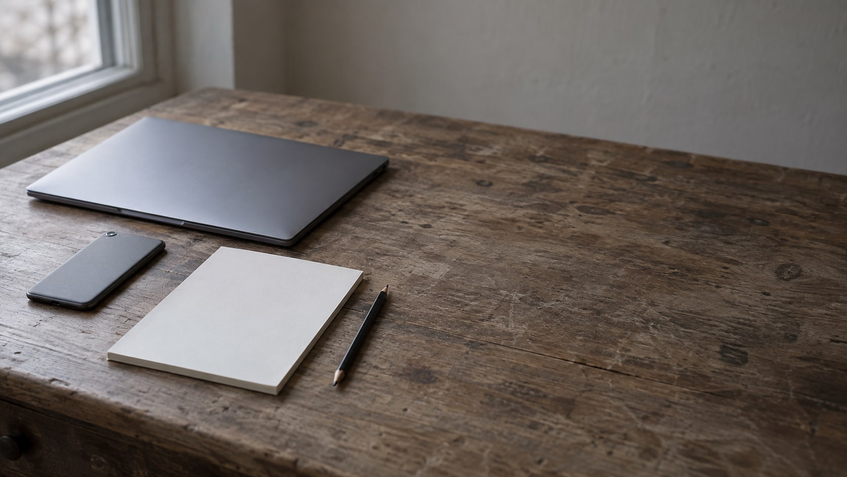 A closed laptop and a smartphone lying face down on a wooden desk beside a blank notepad and a pencil.