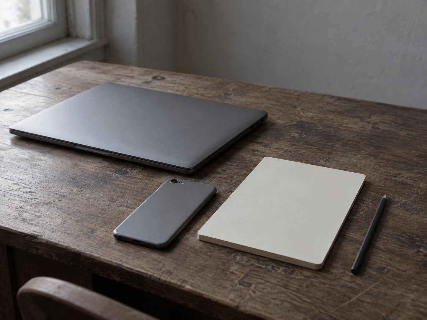 A closed laptop beside a smartphone lying face down on a wooden desk, next to a blank notepad and a pencil.