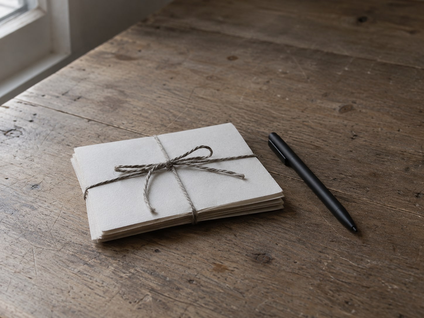 A stack of blank thank-you cards tied with twine beside a pen on a worn counter.