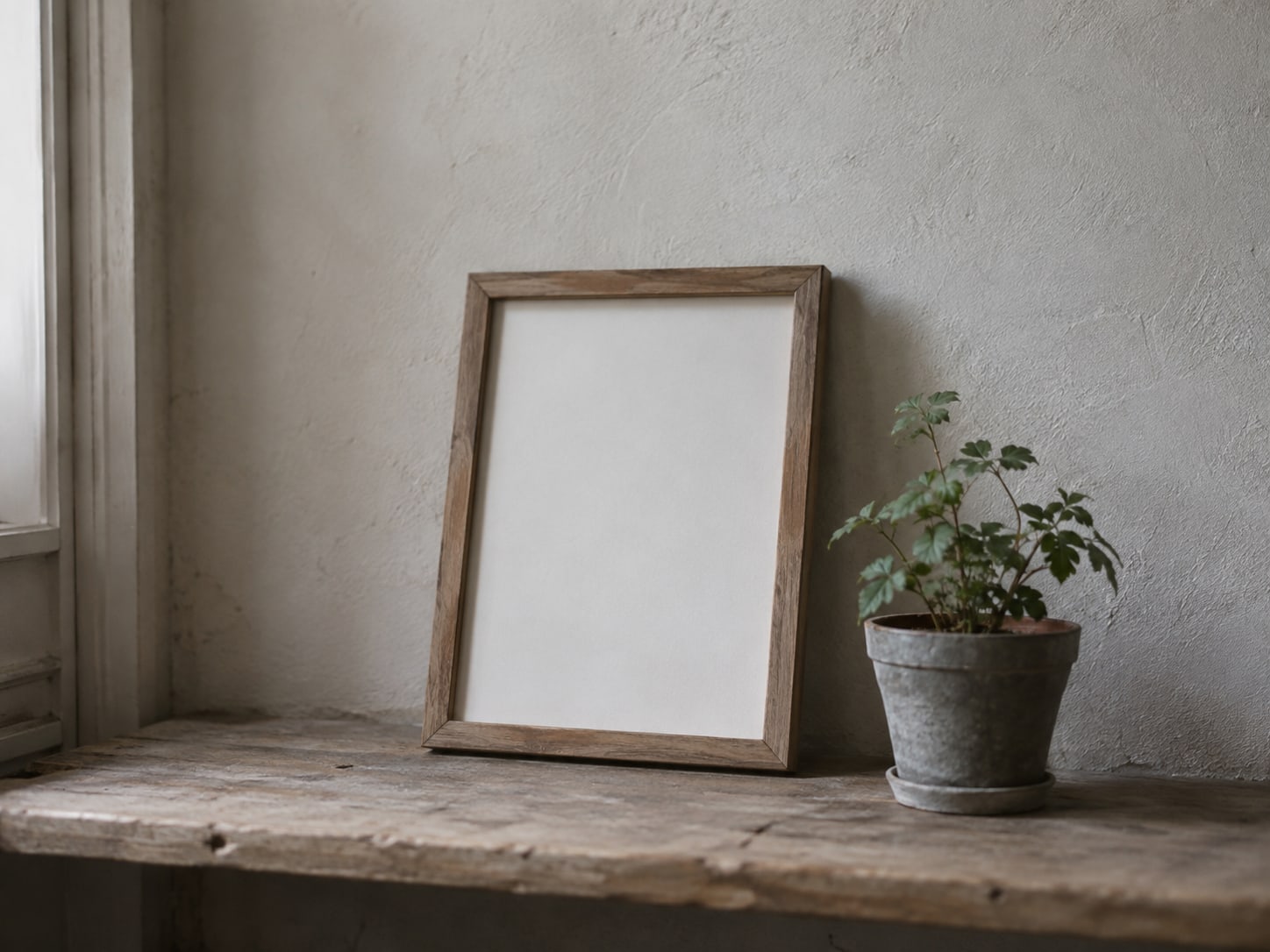 A framed customer note leaning against a small plant on a shelf, the paper blank.