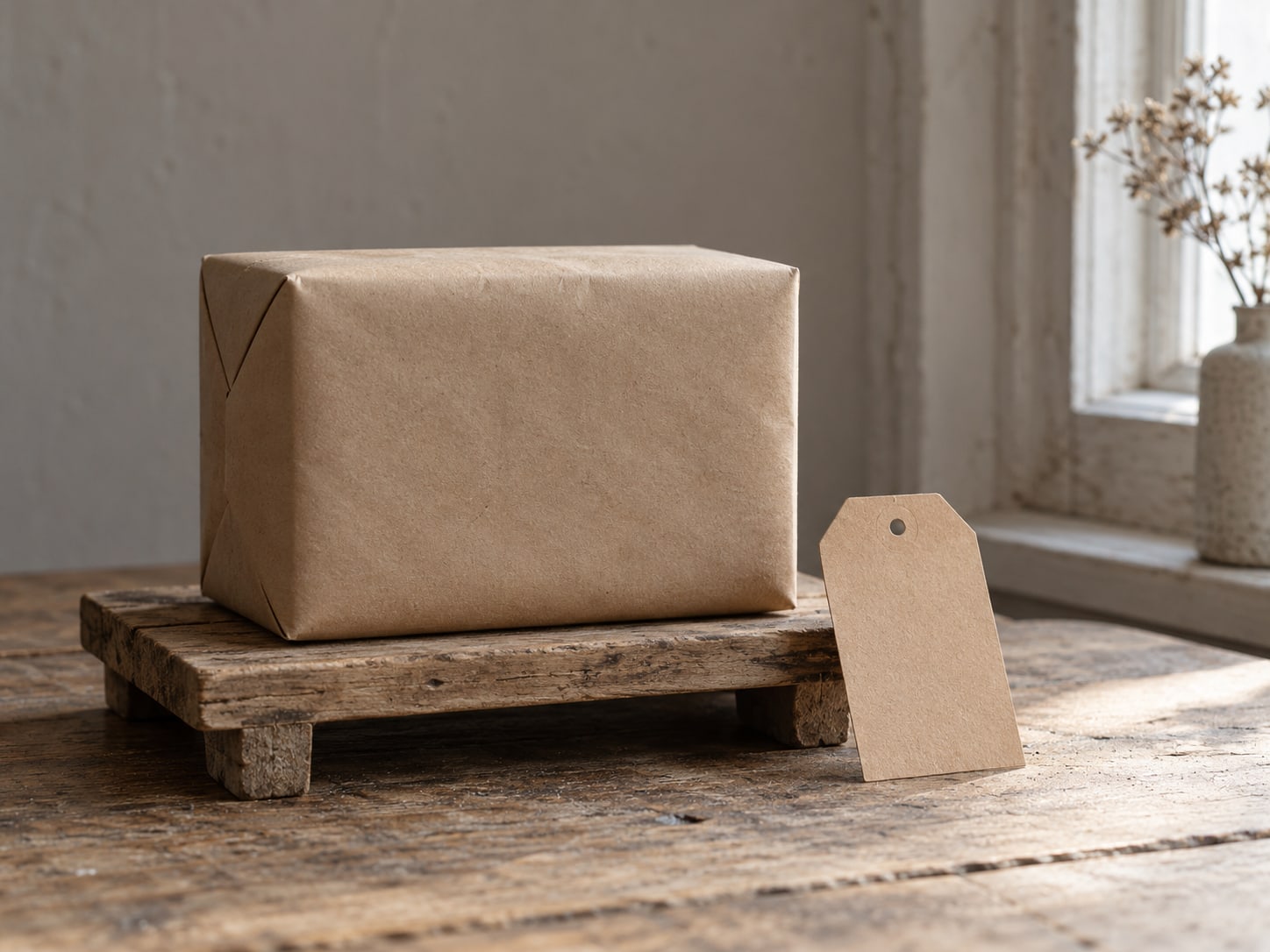 Un solo producto envuelto sobre un pequeño soporte de madera, con una etiqueta en blanco al lado, iluminado por la luz de una ventana.