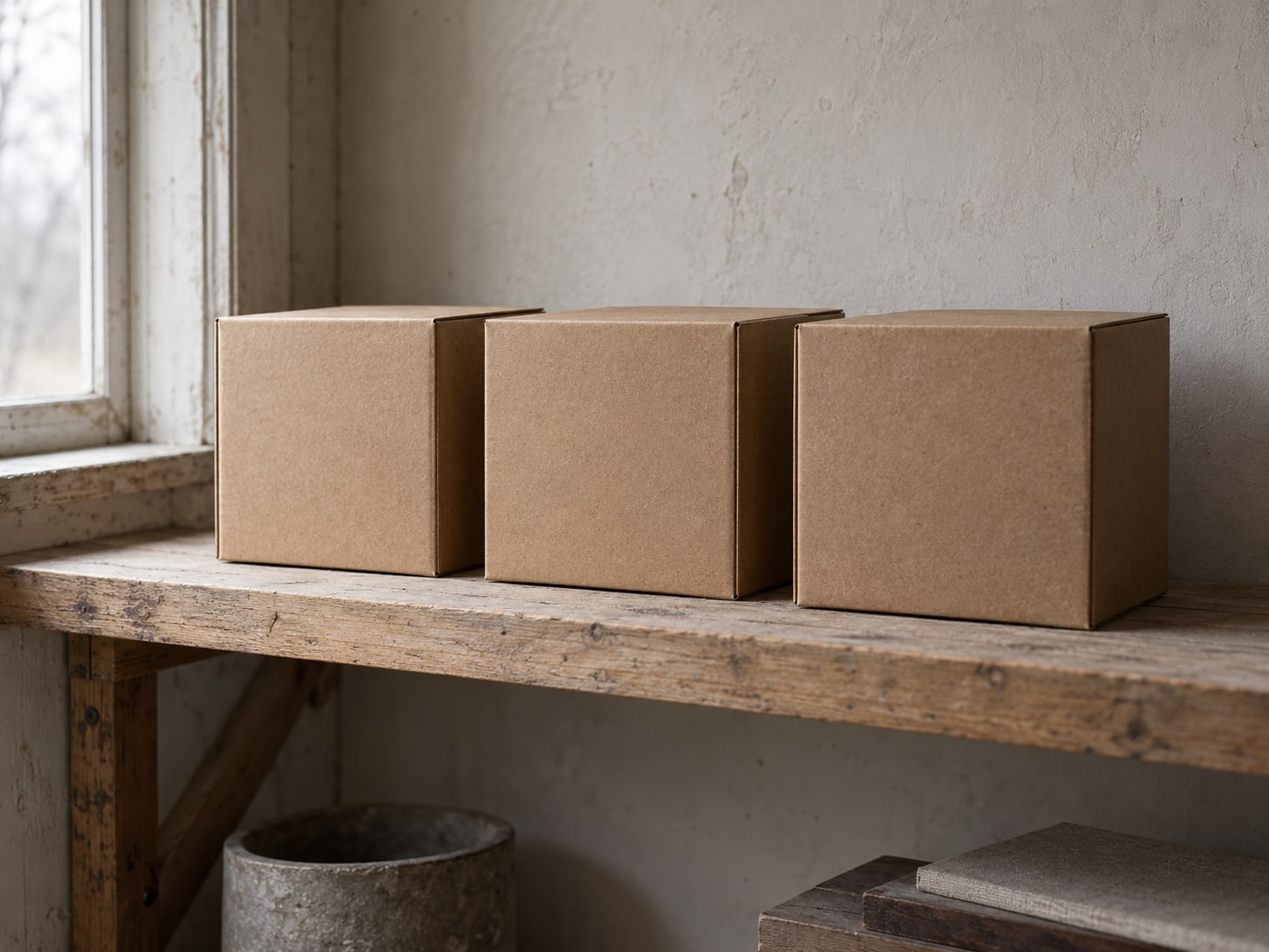 Una fila de tres cajas lisas con etiquetas de cartón en blanco, alineadas en un estante bajo una luz suave.