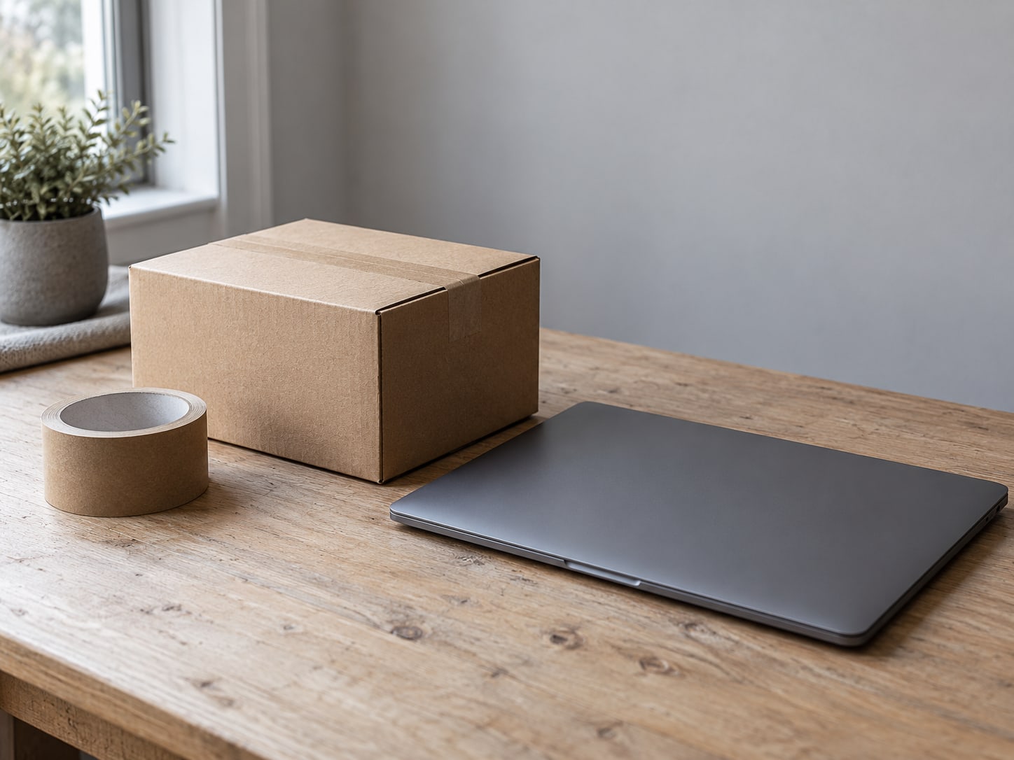 Una pequeña caja de envío de papel kraft y un rollo de cinta adhesiva junto a una laptop cerrada sobre una mesa de madera limpia.