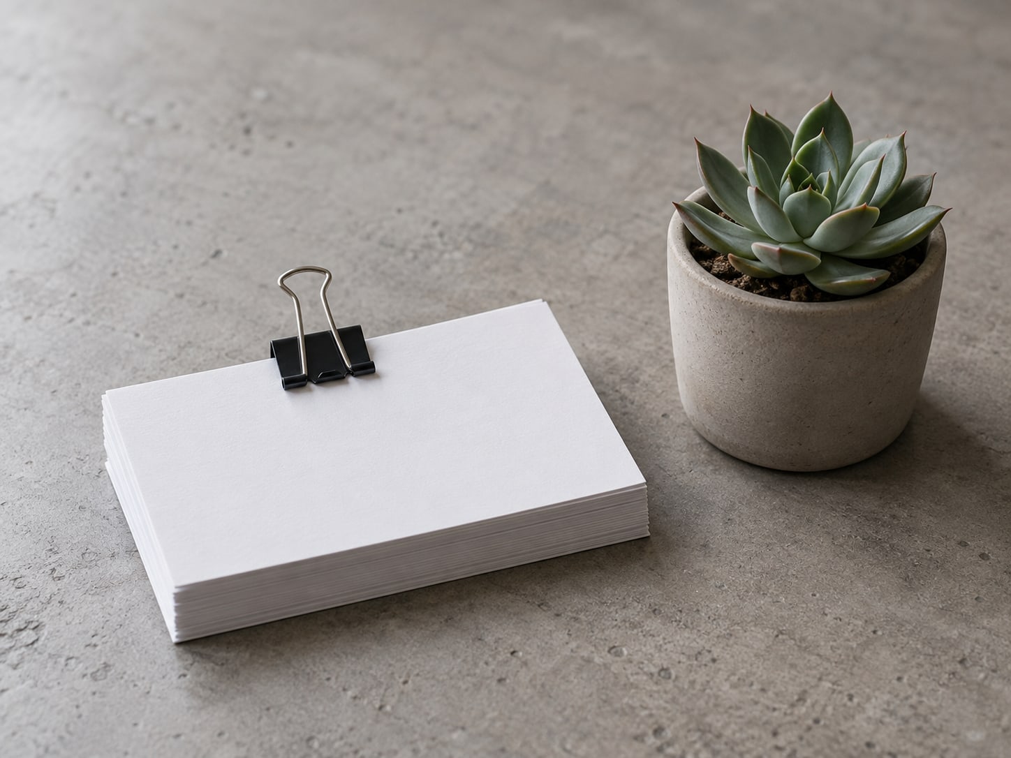 A tidy stack of blank index cards held by a binder clip next to a small potted succulent on a desk.