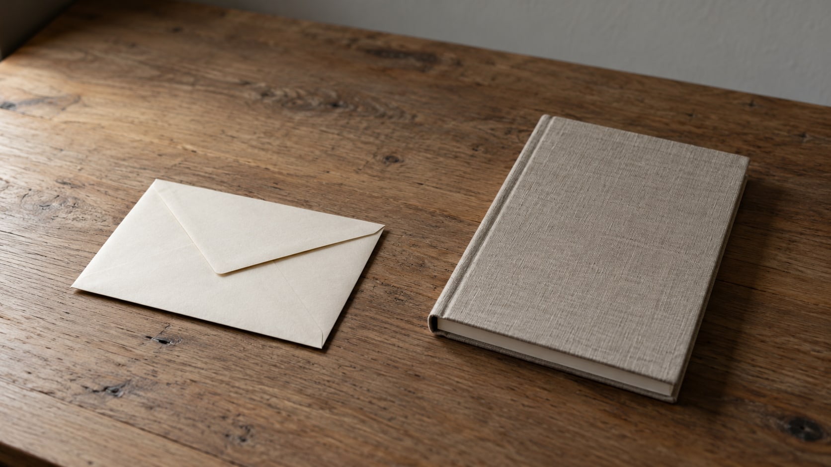 A sealed cream envelope and a closed notebook on a bare wooden desk, lit by soft window light.
