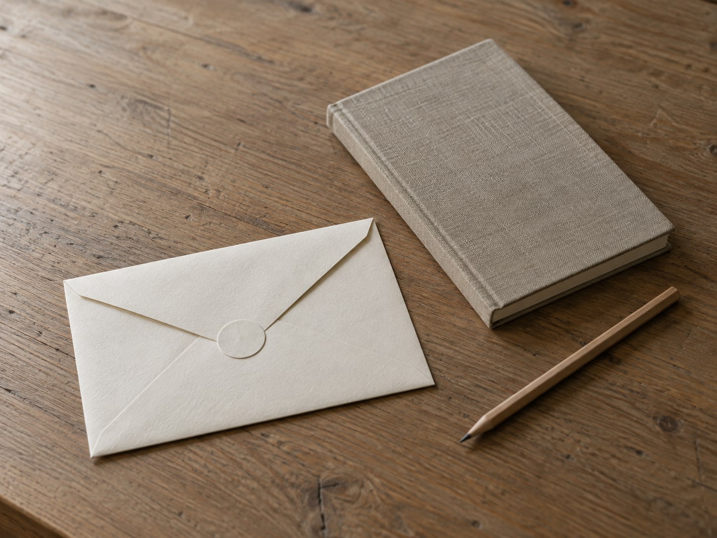 A sealed cream envelope with a plain paper seal on a bare oak desk beside a closed notebook and a pencil.