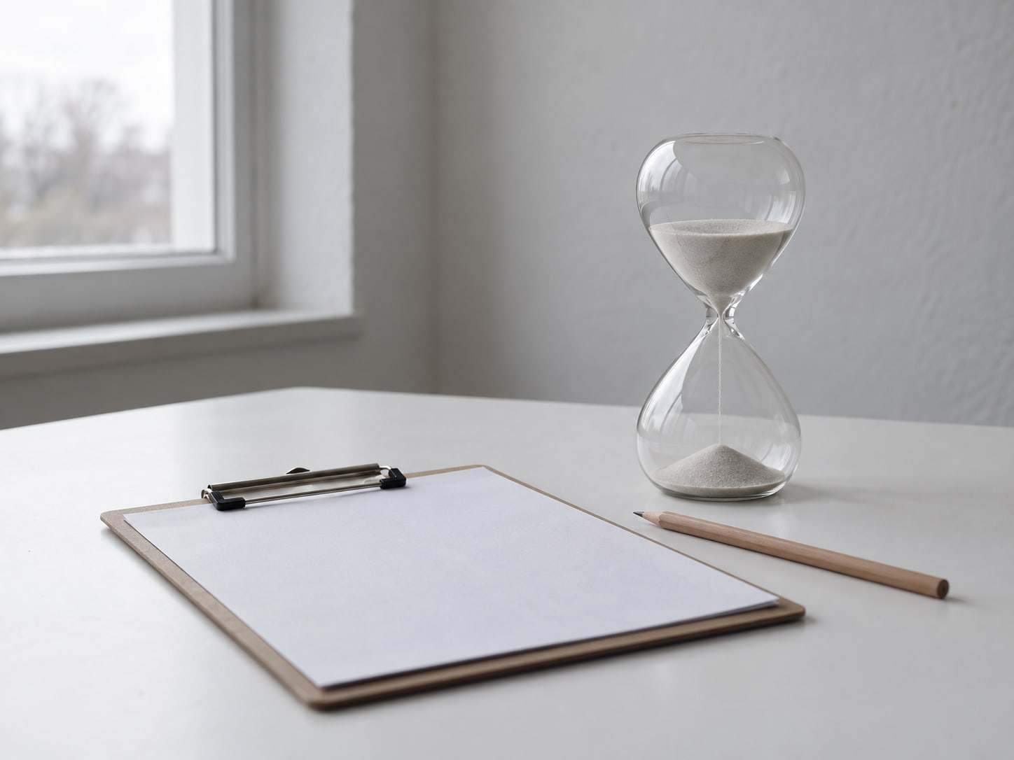 An hourglass timer standing beside a blank clipboard and a pencil on a plain white table.