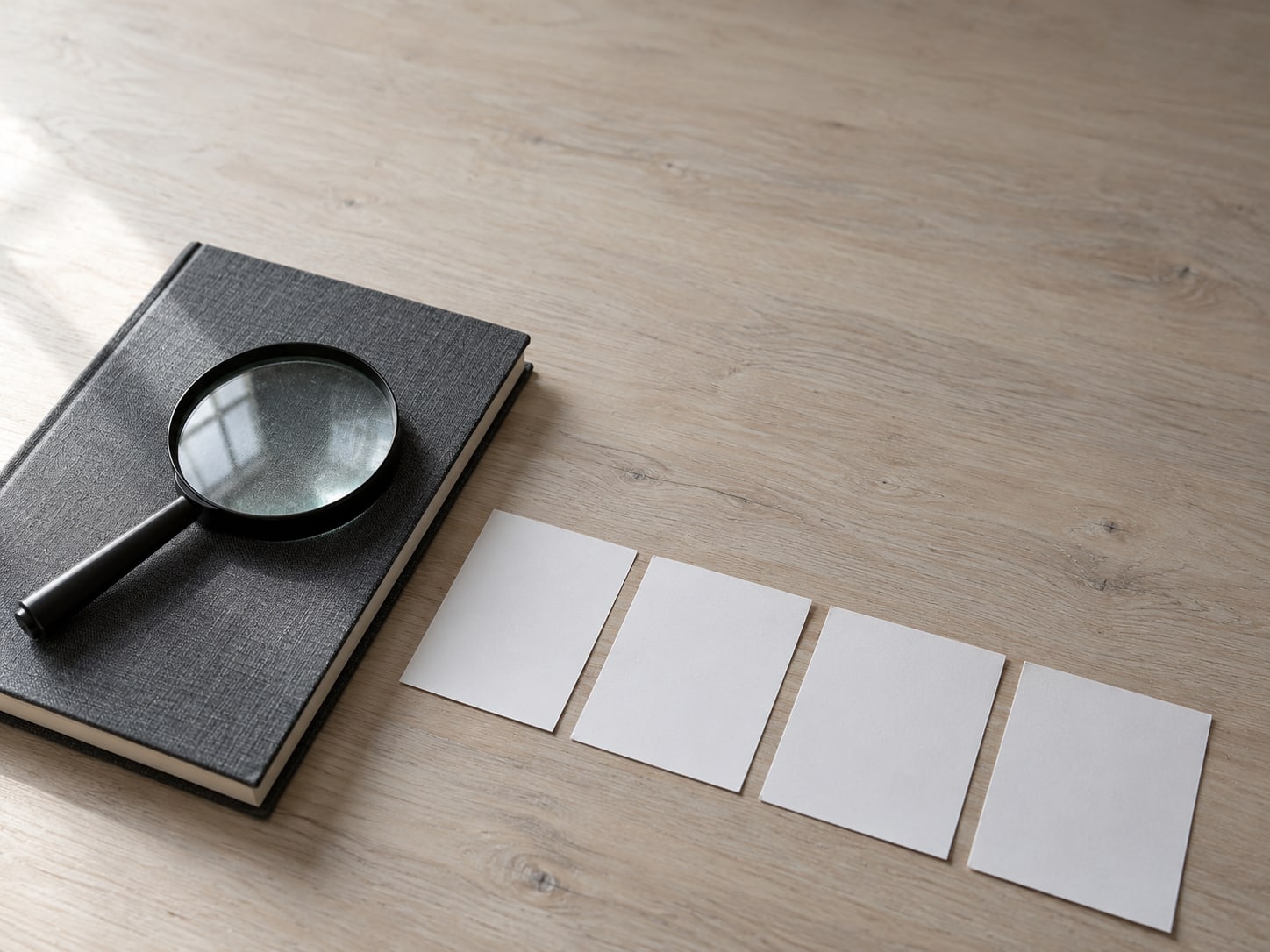 A magnifying glass resting on a closed notebook beside a short row of blank index cards.