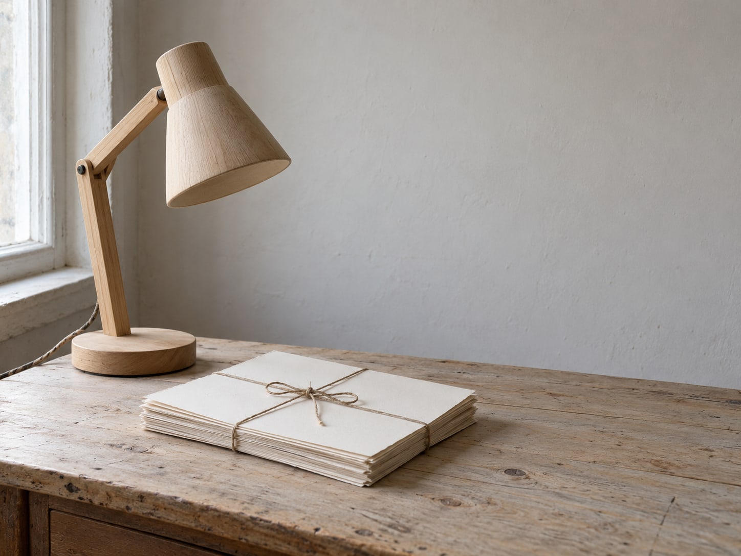 A small stack of printed pages tied with string next to a plain wooden desk lamp.