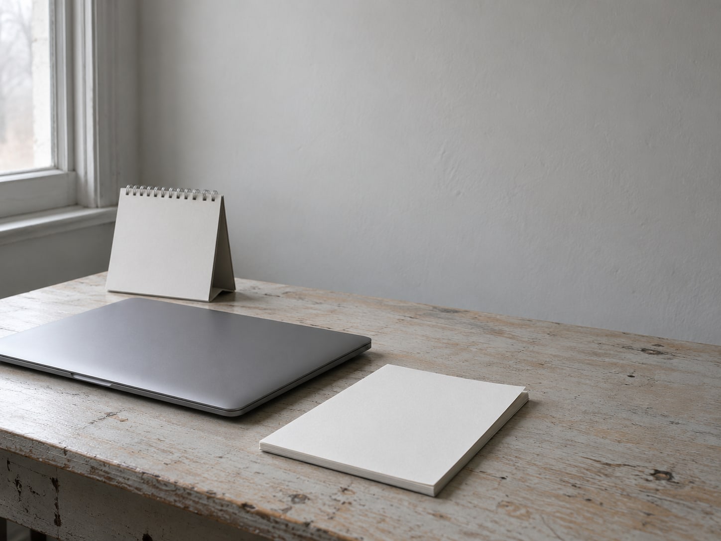 A closed laptop beside a small desk calendar and a blank notepad on a worn wooden desk.