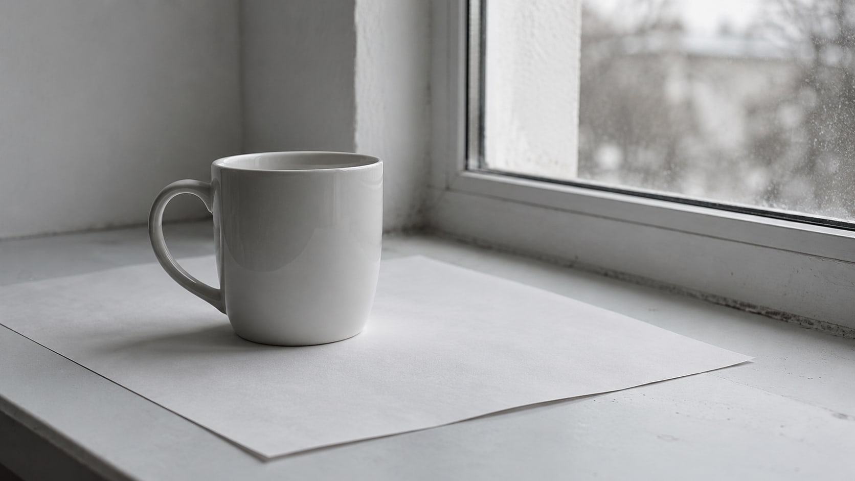 A plain white ceramic mug on a sheet of white paper beside a window, with soft daylight from one side.