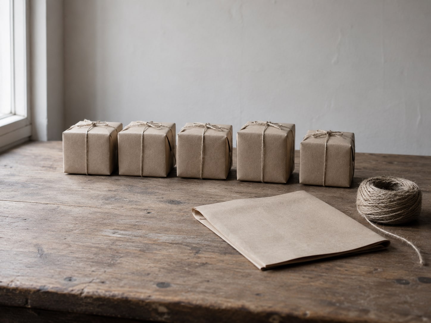 A neat row of five small wrapped boxes on a wooden table beside a folded kraft paper sheet and a coil of twine.
