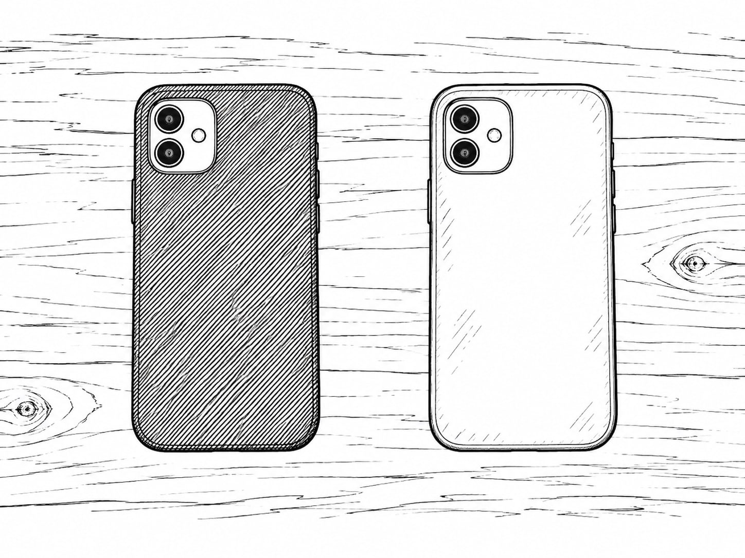 Two phones lying face down side by side on a worn wooden desk, one in a dark case and one in a light case.