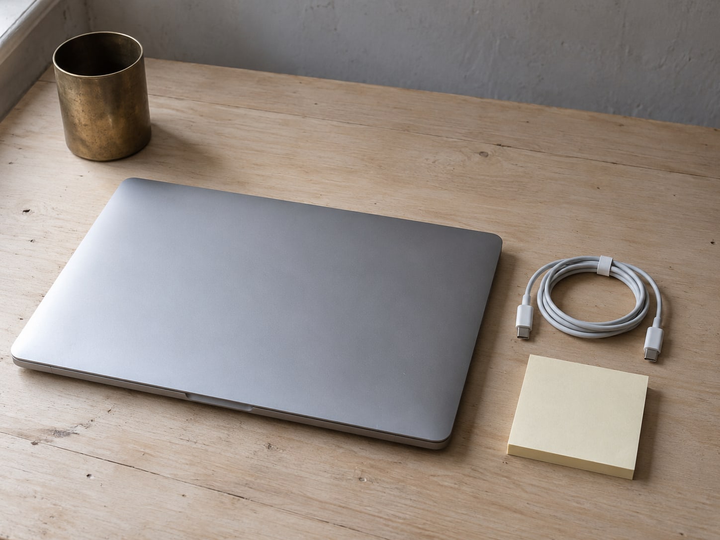 A flat lay of a small business desk with a closed laptop, a coiled phone cable and an empty sticky note pad on a pale wooden table.