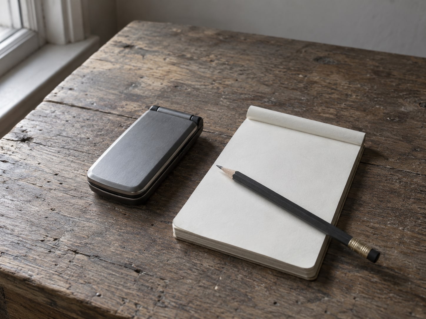 A closed flip phone and a small blank notepad lined up on a worn wooden counter, with a pencil resting across the page.