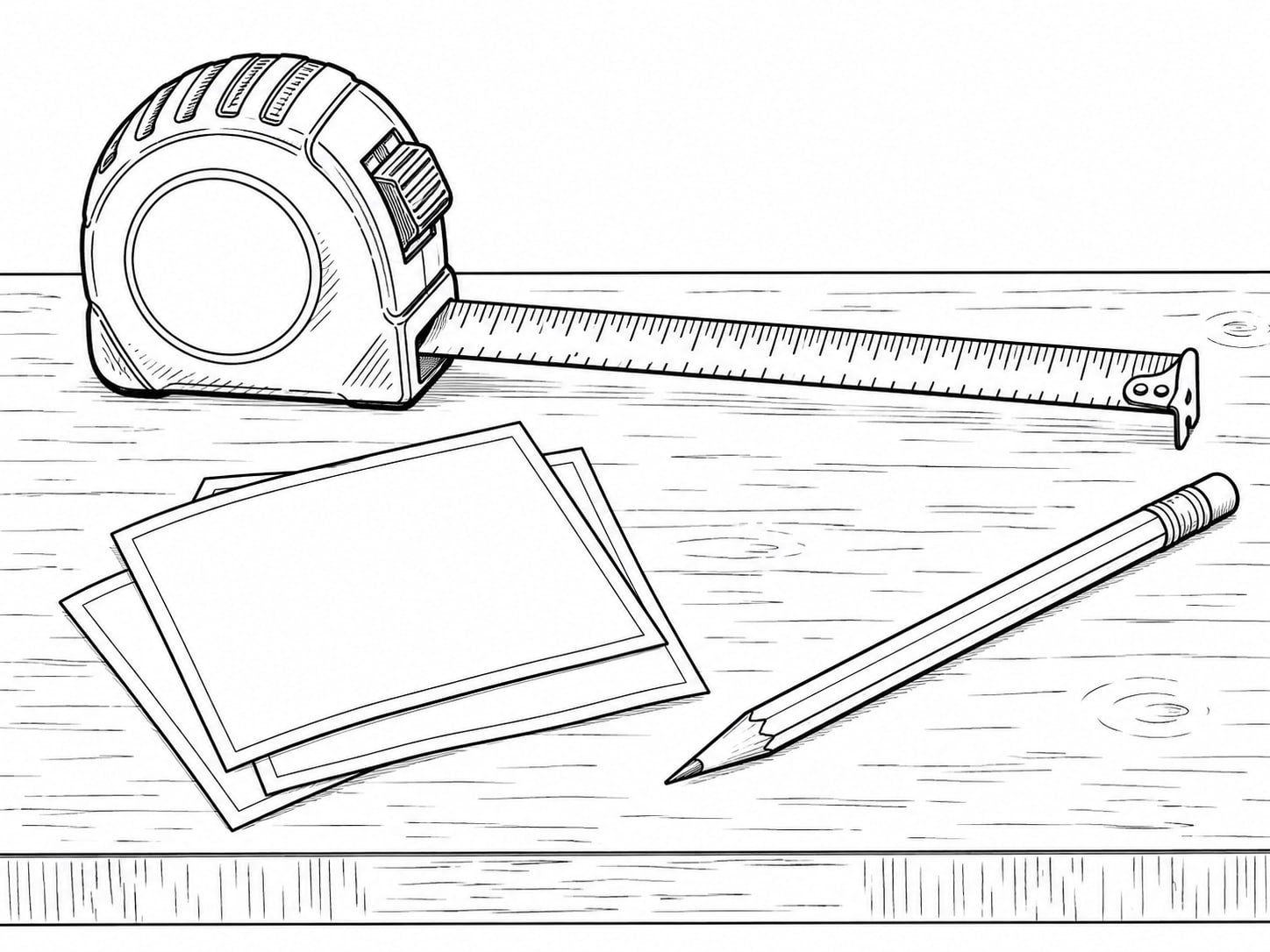 A tape measure and a small pile of printed photographs with blank backs lying beside a pencil on a workbench.