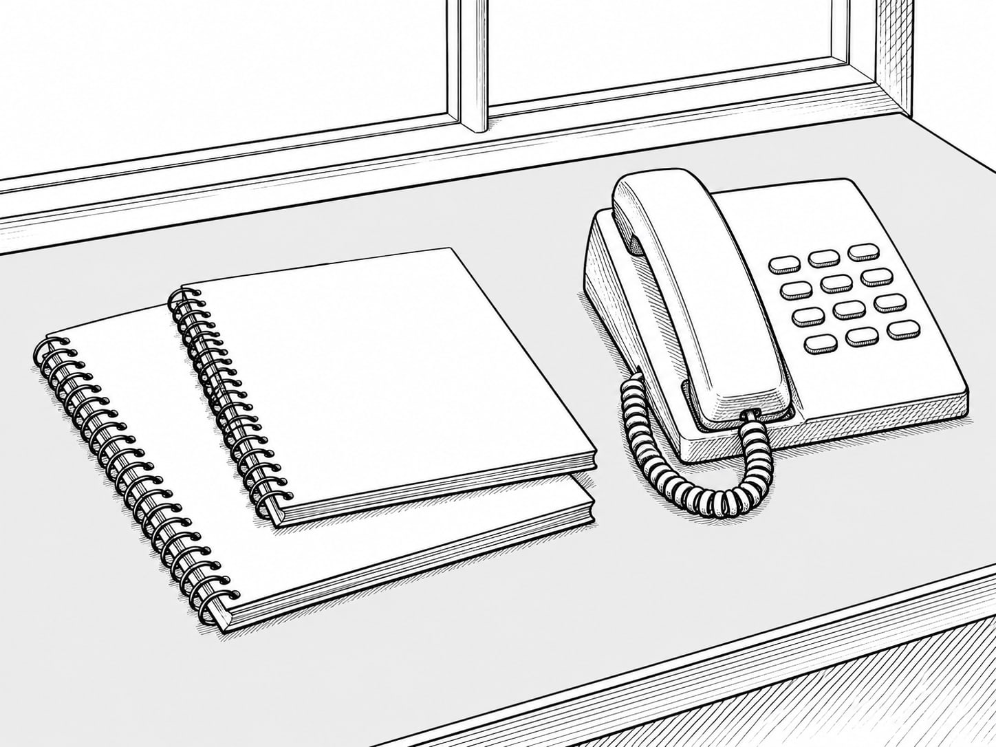 A pair of closed spiral notebooks and a plain desk phone resting side by side on a gray work surface near a window.
